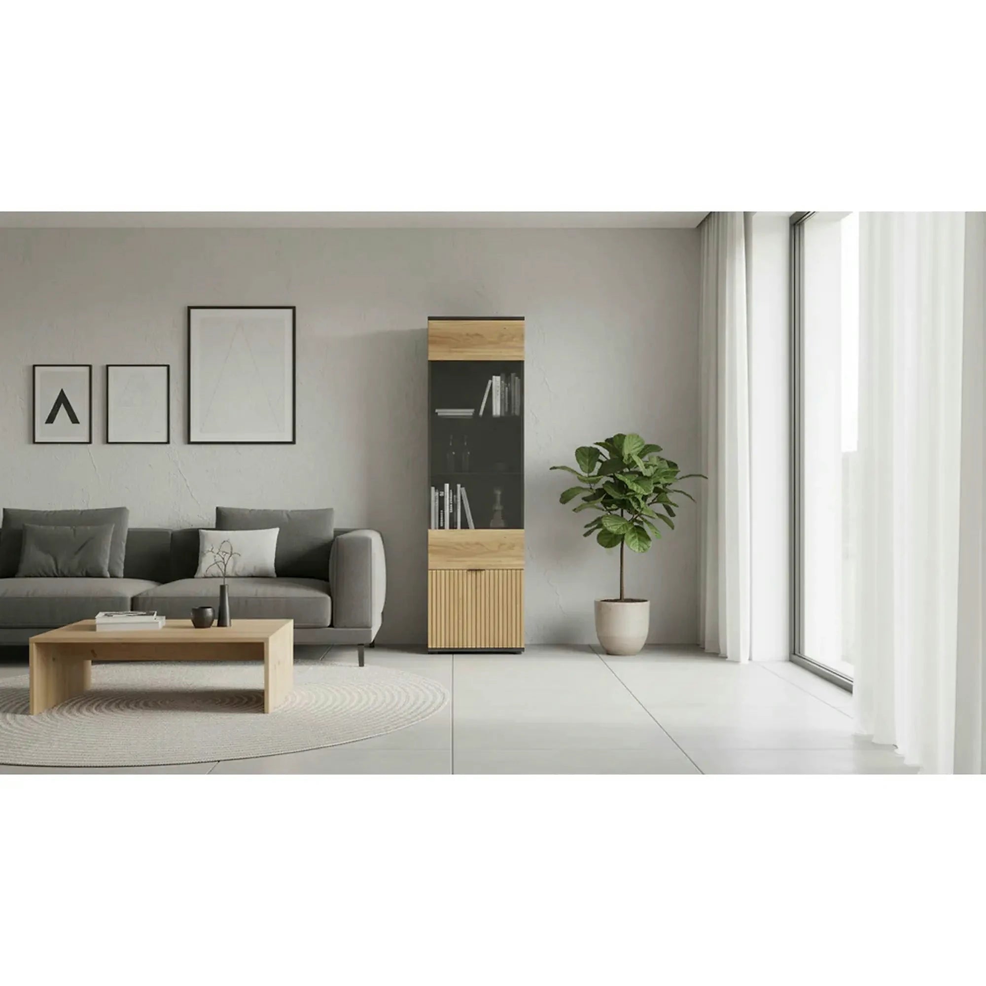 Vitrina LUEN, stejar/negru, PAL laminat/sticla securizata, 57x40x196 cm
