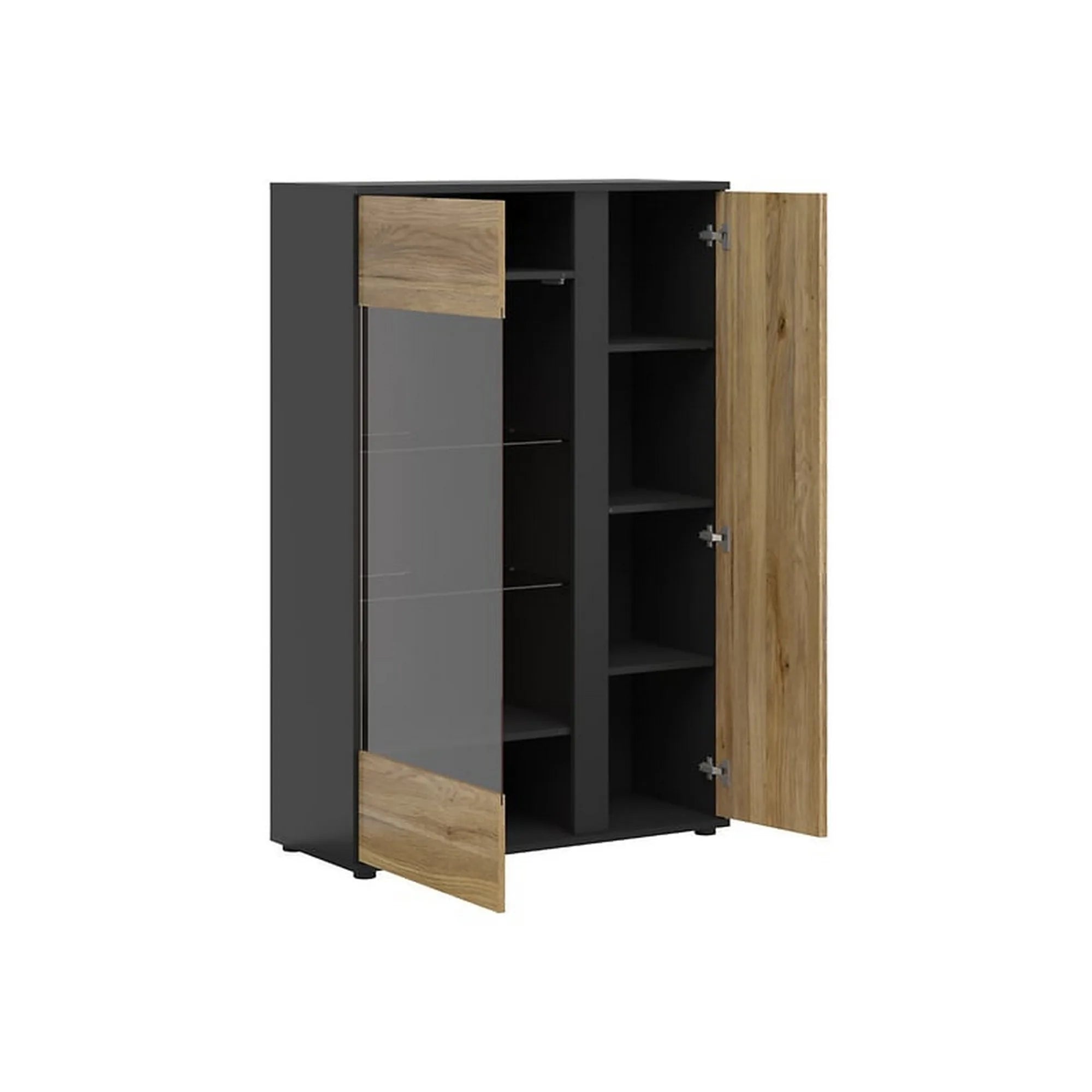 Vitrina LUEN, stejar/negru, PAL laminat/sticla securizata, 95x40x146 cm