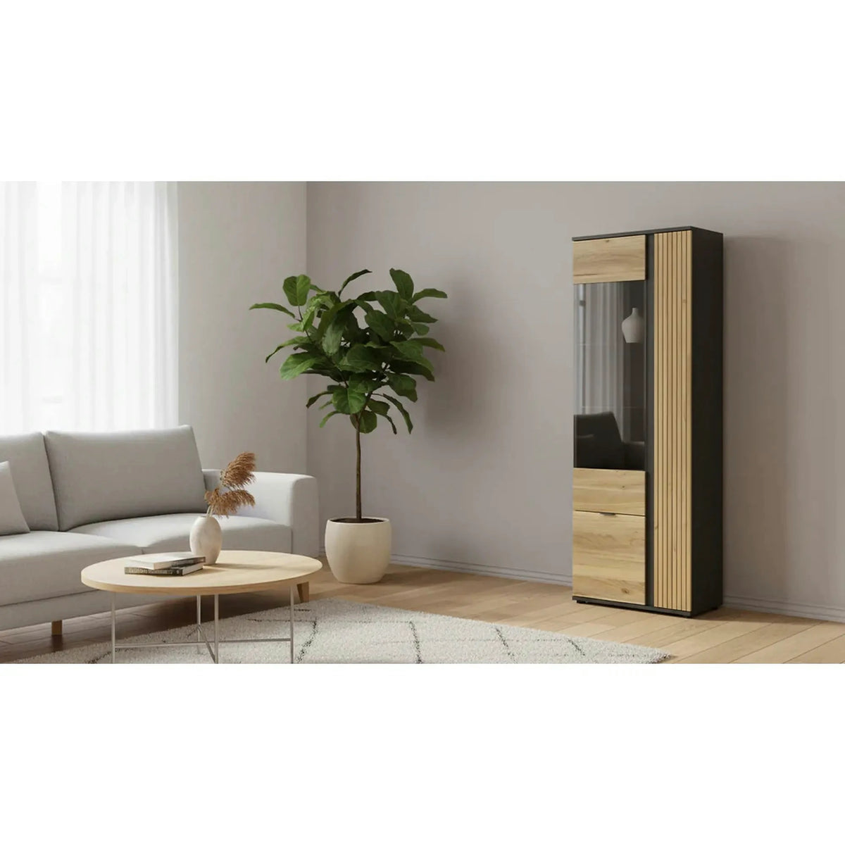Vitrina LUEN, stejar/negru, PAL laminat/sticla securizata, cu 3 usi, 70x40x196 cm