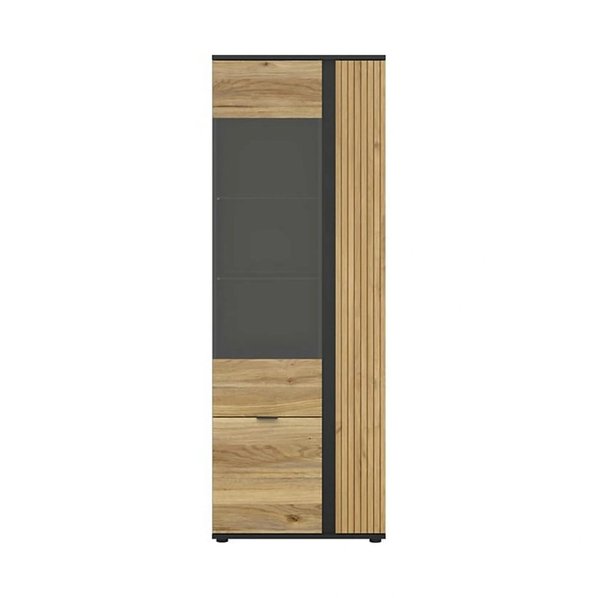 Vitrina LUEN, stejar/negru, PAL laminat/sticla securizata, cu 3 usi, 70x40x196 cm
