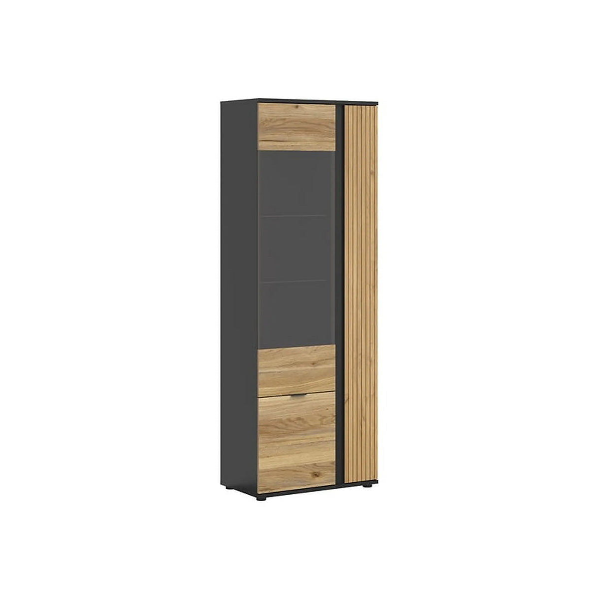 Vitrina LUEN, stejar/negru, PAL laminat/sticla securizata, cu 3 usi, 70x40x196 cm