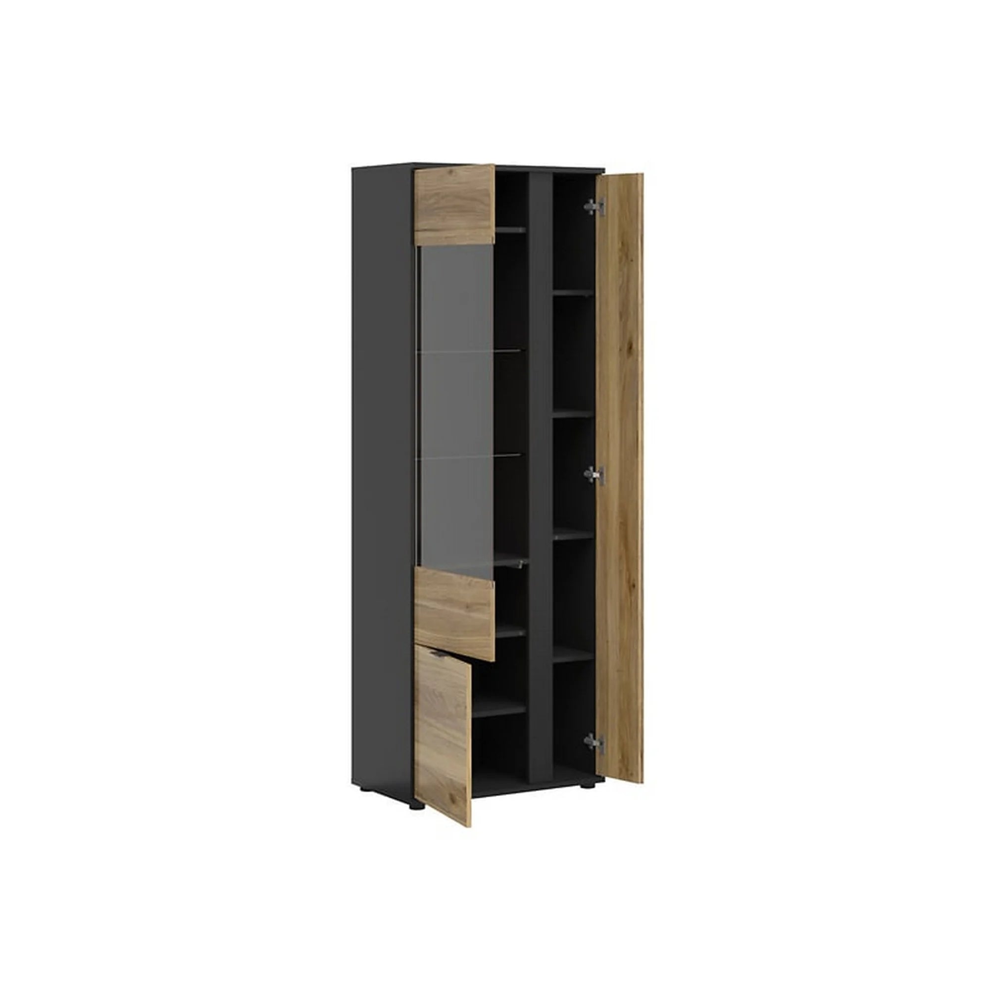 Vitrina LUEN, stejar/negru, PAL laminat/sticla securizata, cu 3 usi, 70x40x196 cm