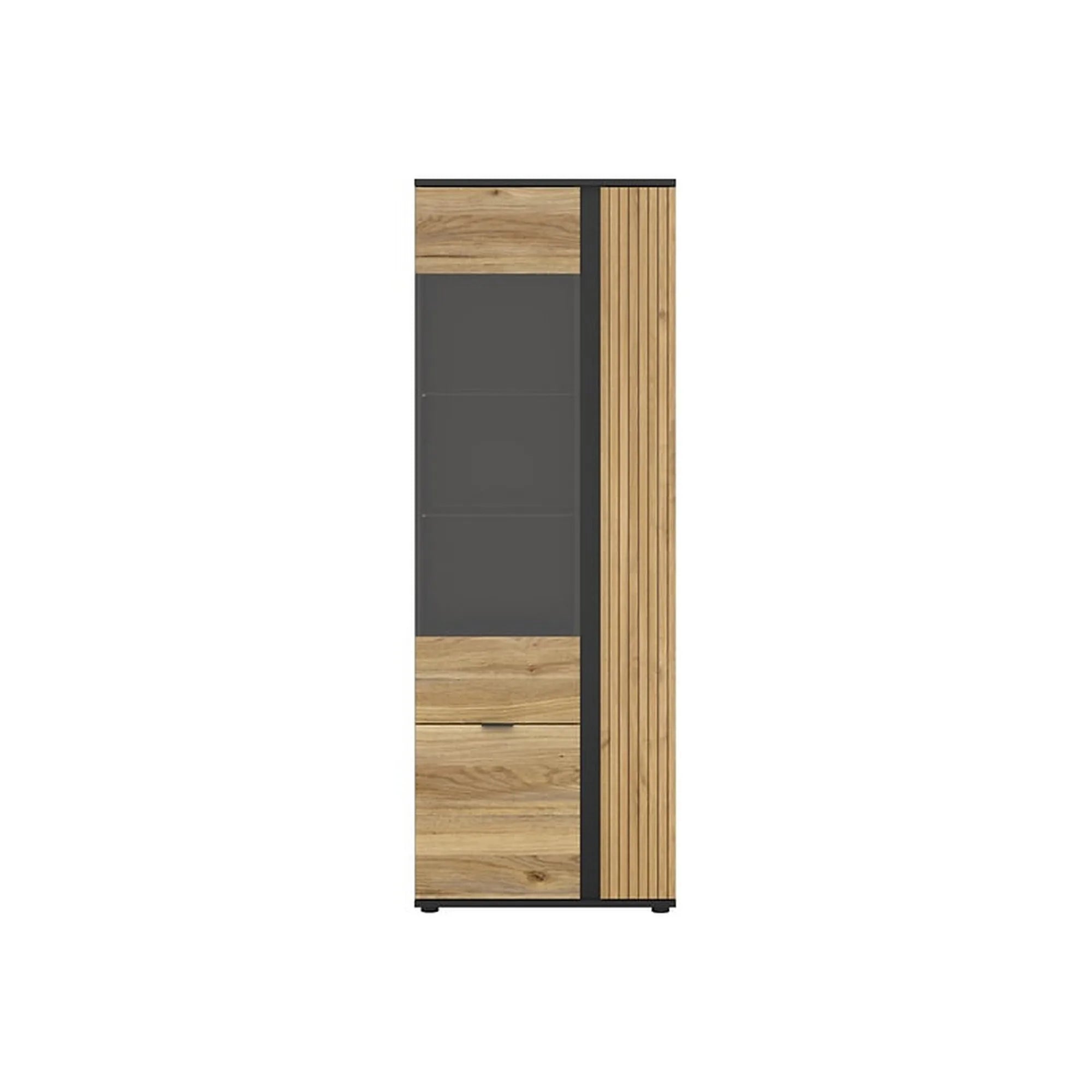 Vitrina LUEN, stejar/negru, PAL laminat/sticla securizata, cu 3 usi, 70x40x196 cm