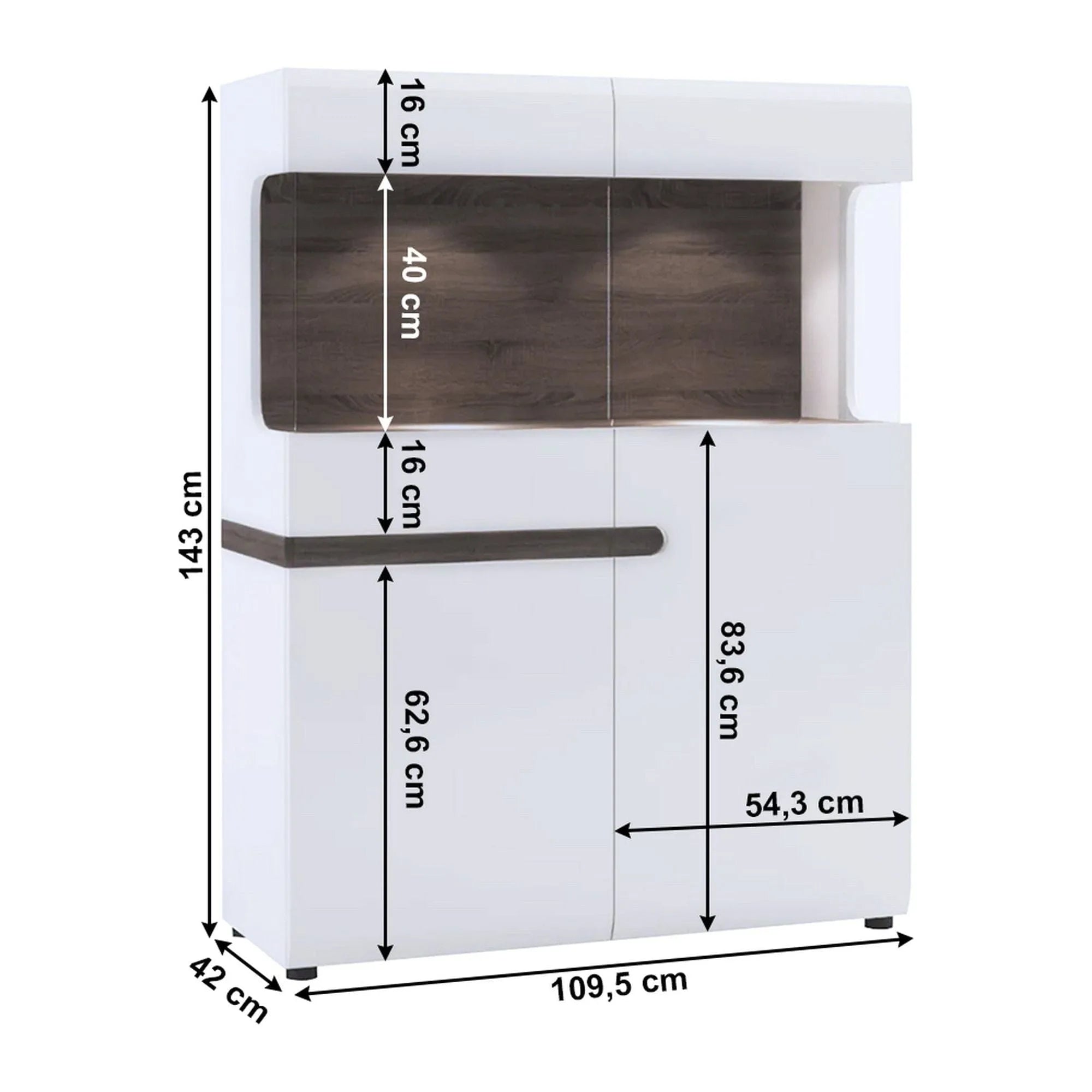 Vitrina LYNATET TYP 33, alb lucios/stejar sonoma inchis, PAL laminat/sticla, 110x42x143 cm
