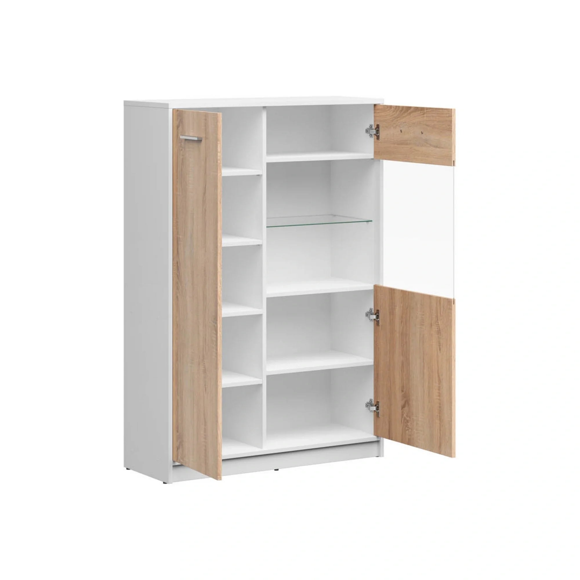 Vitrina NEPO PLUS, stejar sonoma/alb, PAL laminat/sticla, 90x34x132 cm