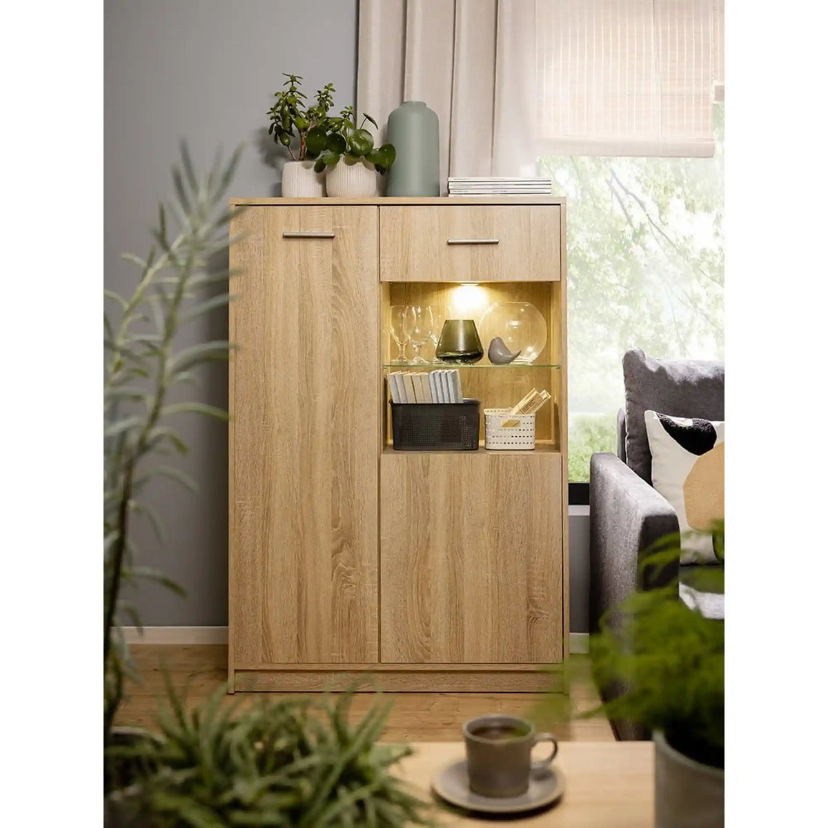 Vitrina NEPO PLUS, stejar sonoma, PAL laminat/sticla securizata, 90x34x132 cm