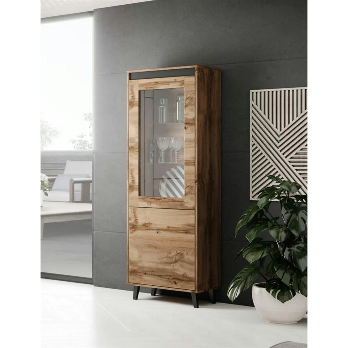 Vitrina NORD, stejar wotan/gri antracit, PAL laminat/plastic, 60x38x183 cm
