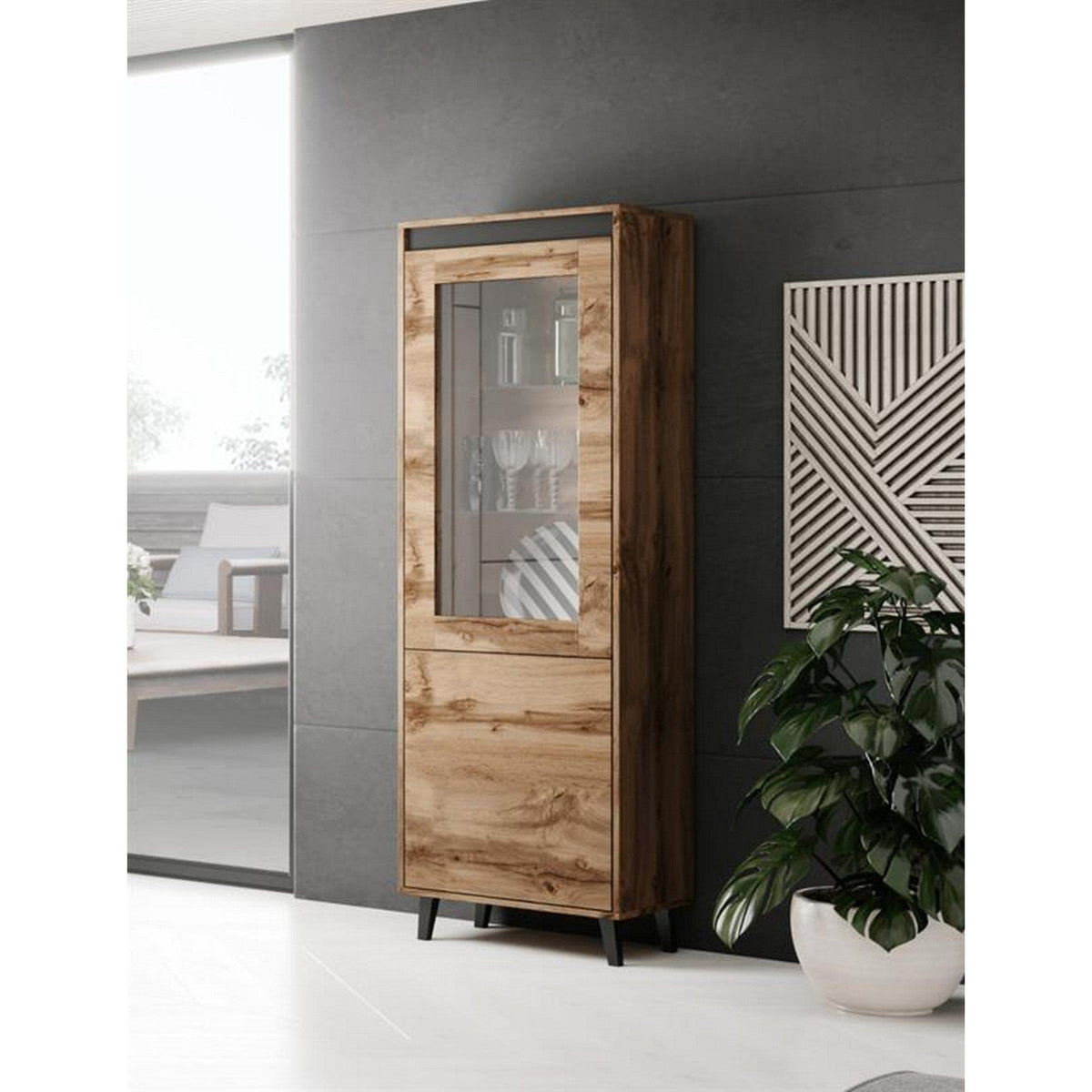 Vitrina NORD, stejar wotan/gri antracit, PAL laminat/plastic, 60x38x183 cm