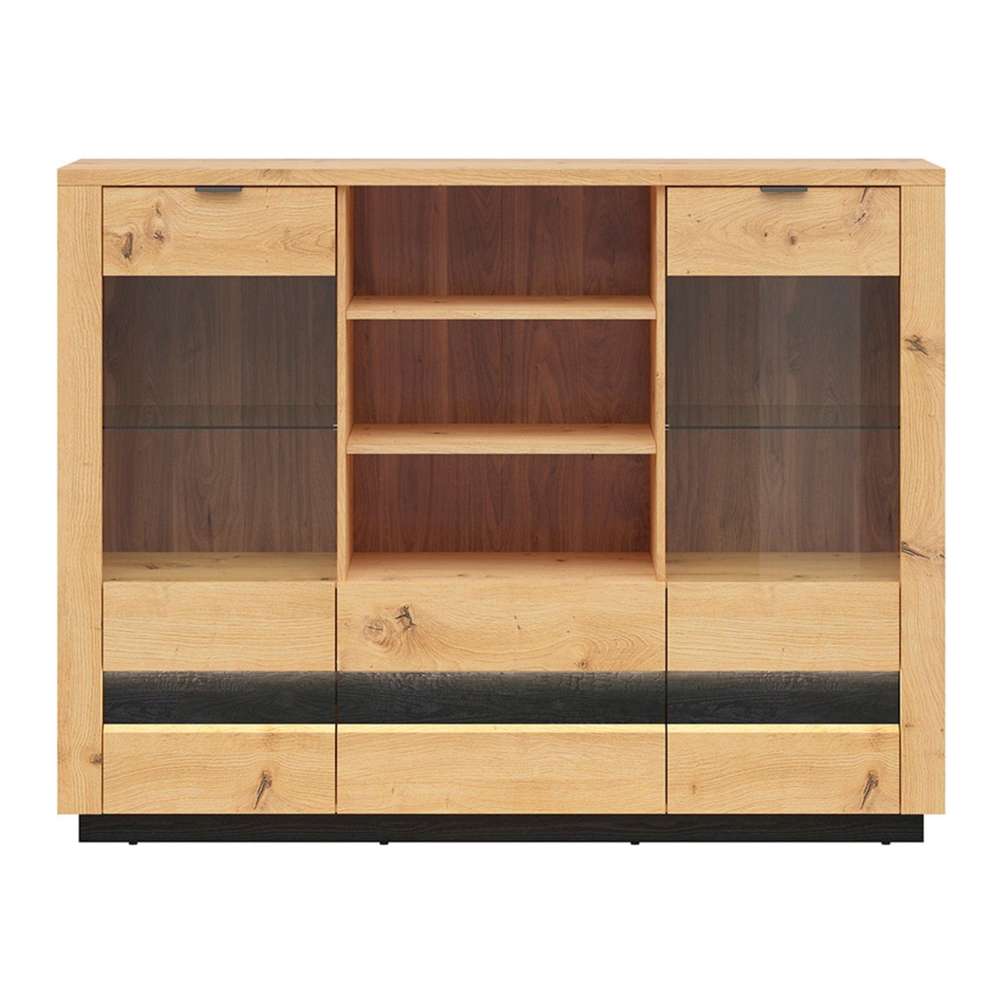 Vitrina OSTIA, stejar artisan/negru, PAL/sticla, 161x42x124 cm