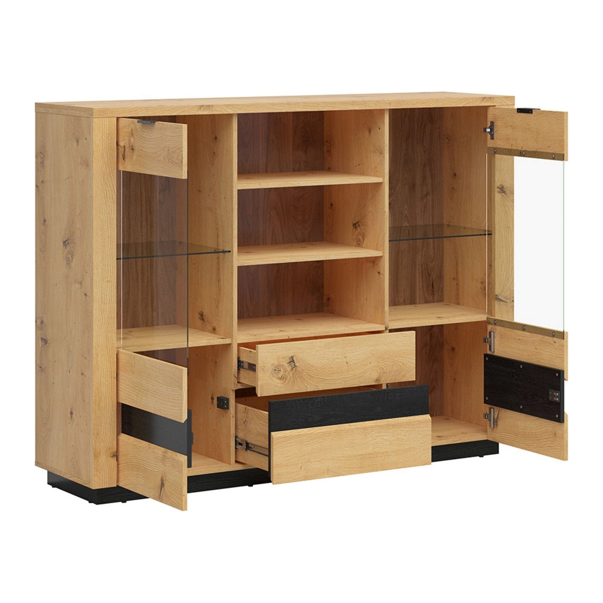 Vitrina OSTIA, stejar artisan/negru, PAL/sticla, 161x42x124 cm