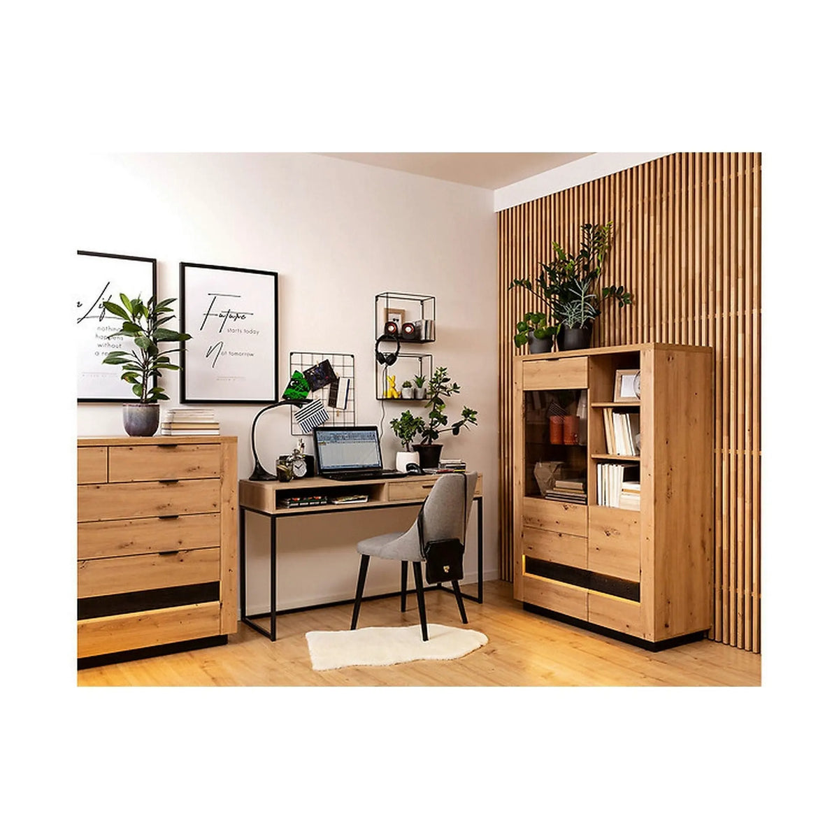 Vitrina OSTIA, stejar artisan/negru, PAL/sticla securizata, 101x42x144 cm