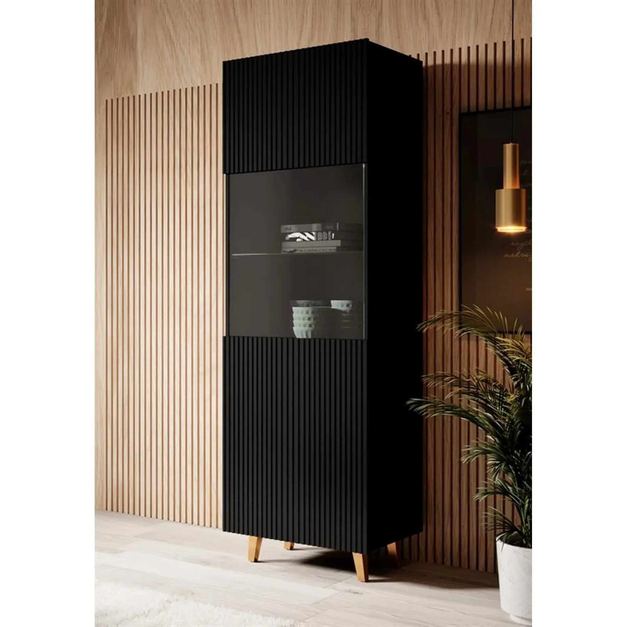 Vitrina PAFOS, negru, PAL laminat/sticla, 60x40x182 cm