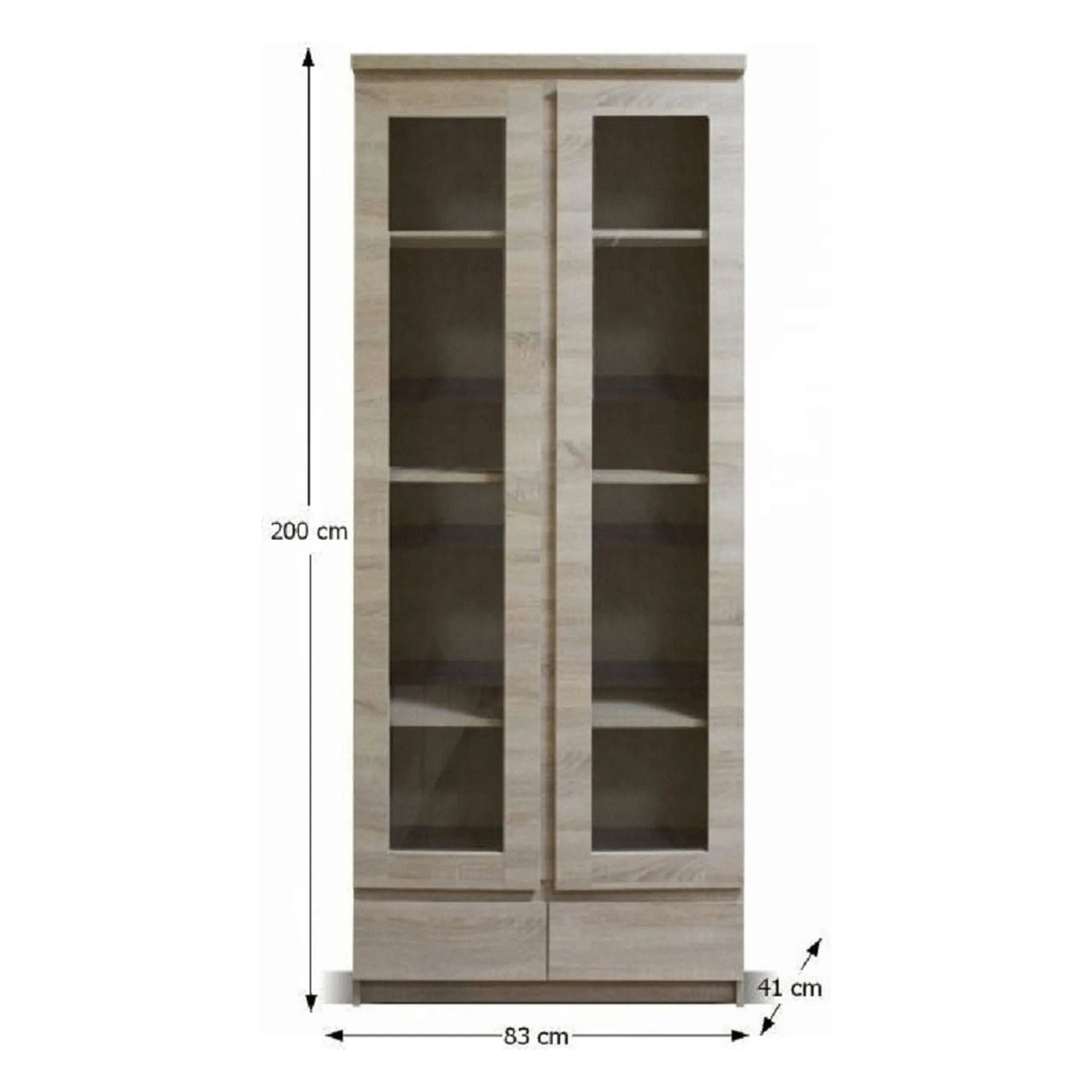 Vitrina PANAMA Tip 03 2D2S, stejar deschis, PAL melaminat/sticla, 83x41x200 cm