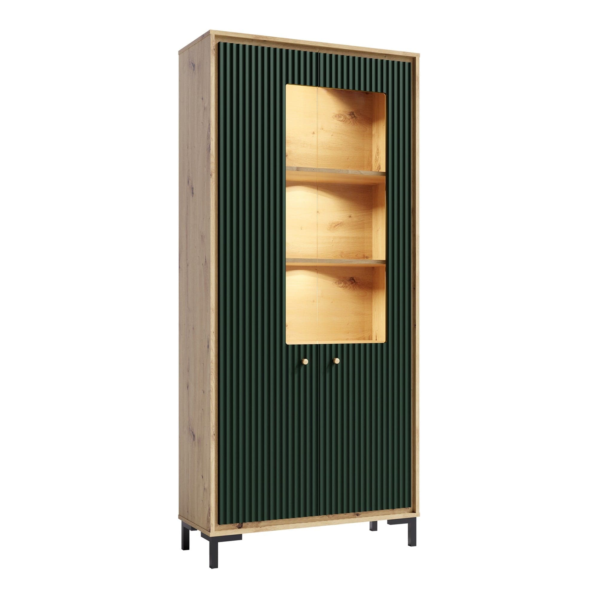 Vitrina PARII PA02, stejar artisan/verde, PAL laminat/sticla, cu iluminare LED, 89x37x196 cm