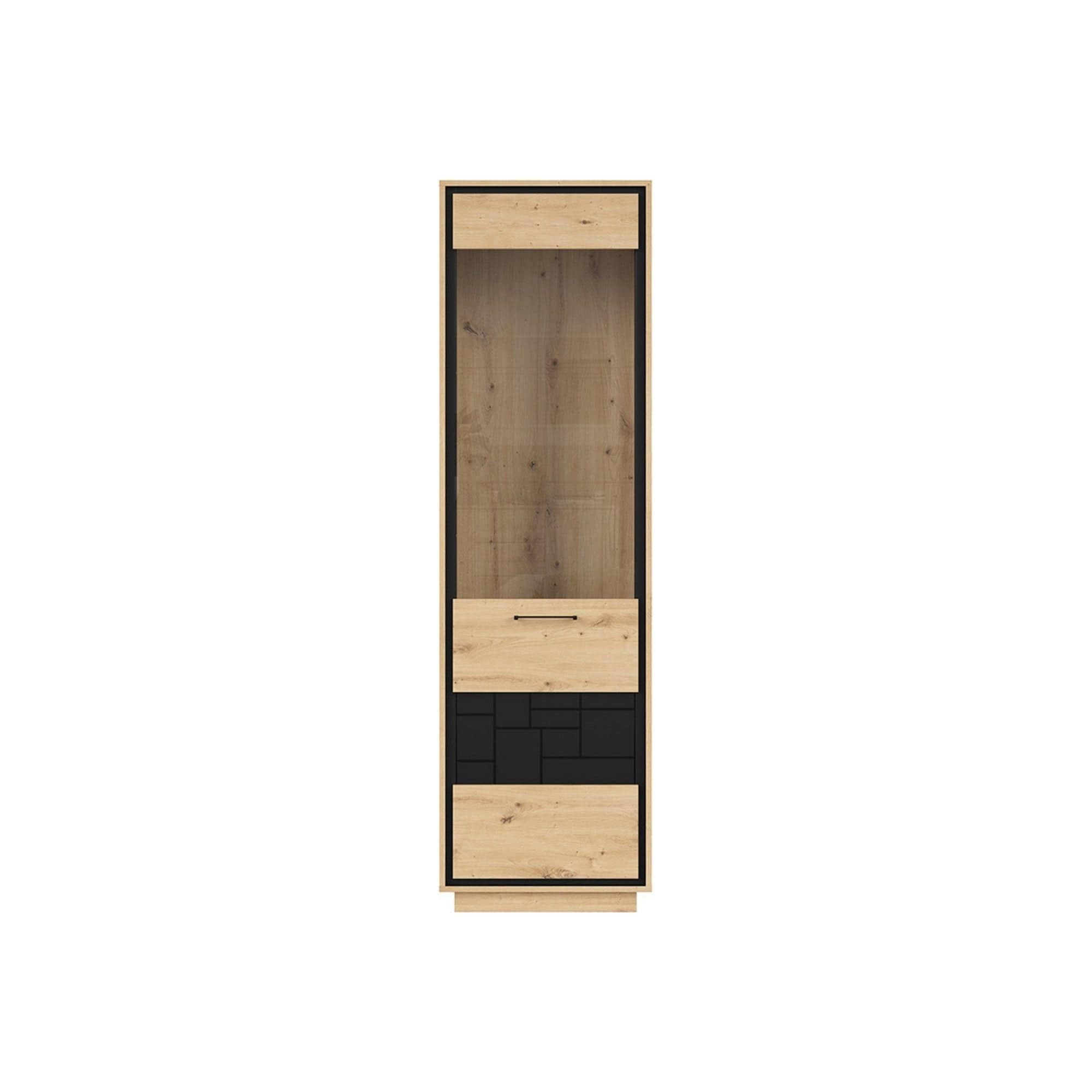 Vitrina PONT, stejar artisan/negru mat, PAL/sticla securizata, 58x42x201 cm