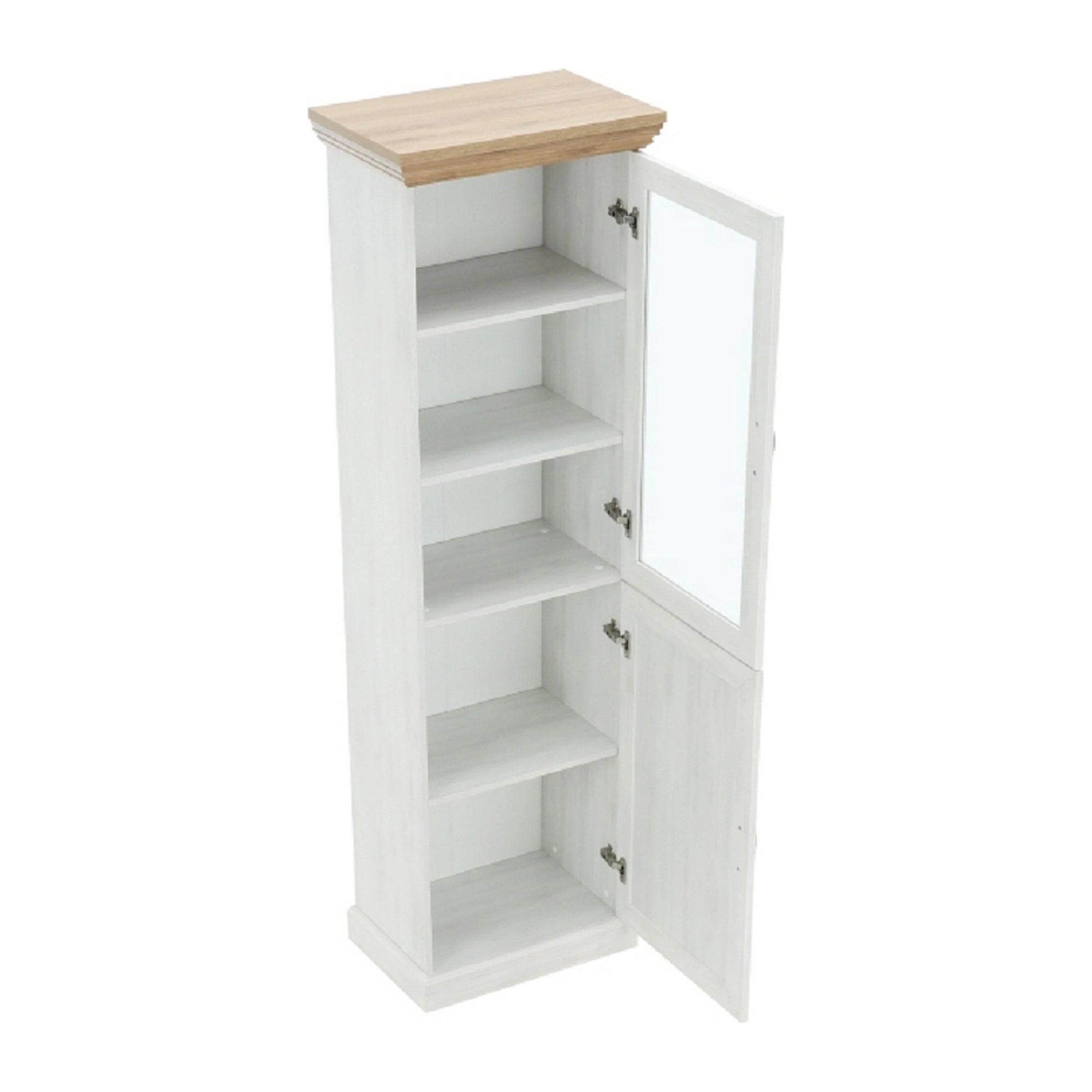 Vitrina ROYAL W1D, pin nordic/stejar salbatic, PAL melaminat/plinte decorative/metal, 57x39x187 cm