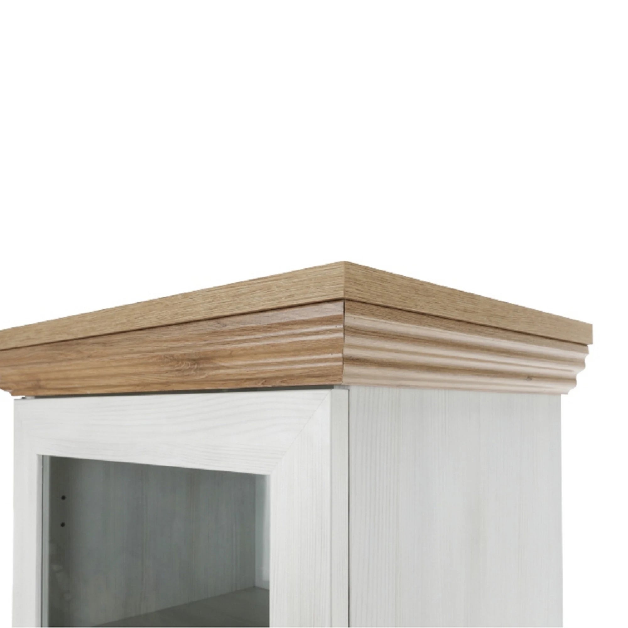 Vitrina ROYAL W1D, pin nordic/stejar salbatic, PAL melaminat/plinte decorative/metal, 57x39x187 cm