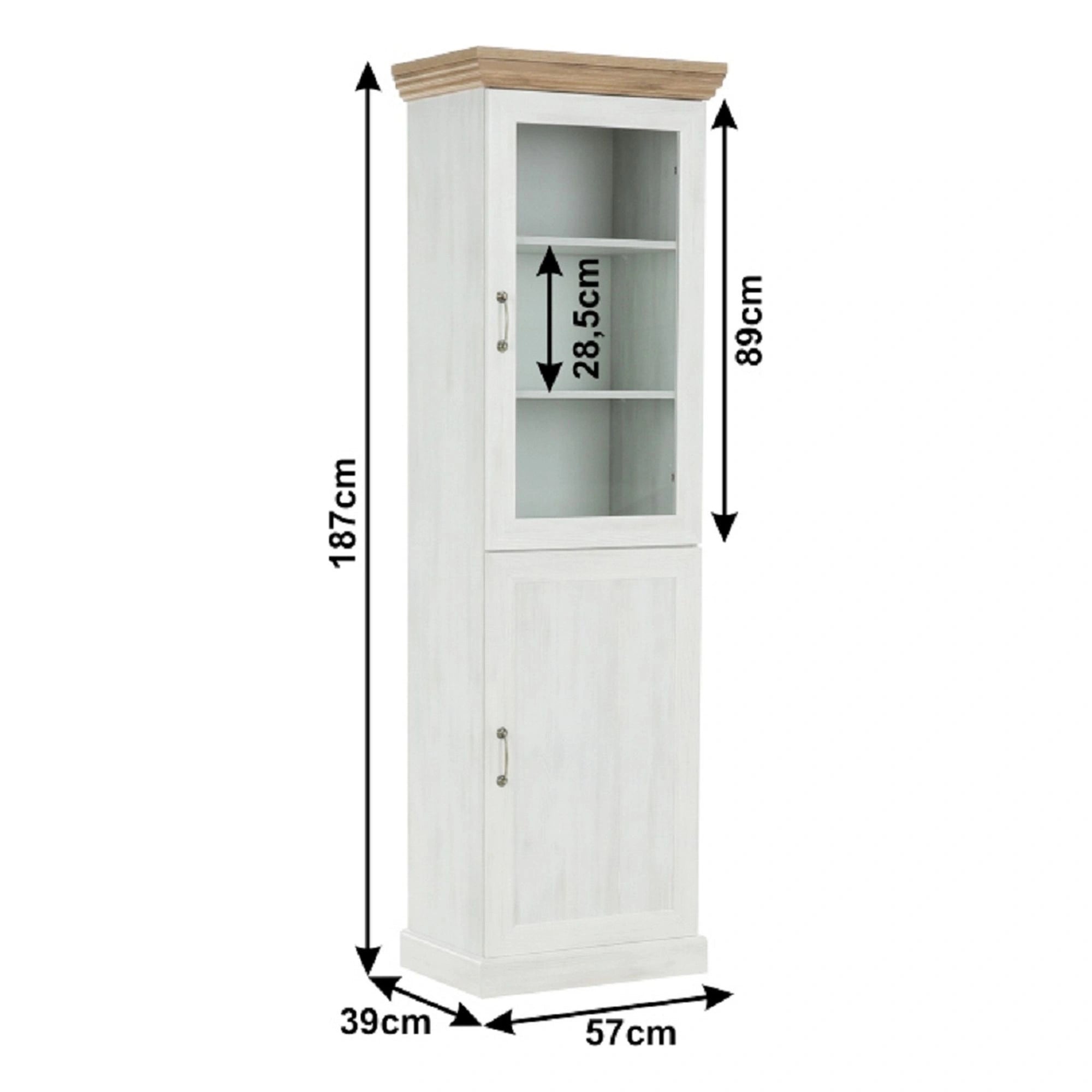 Vitrina ROYAL W1D, pin nordic/stejar salbatic, PAL melaminat/plinte decorative/metal, 57x39x187 cm