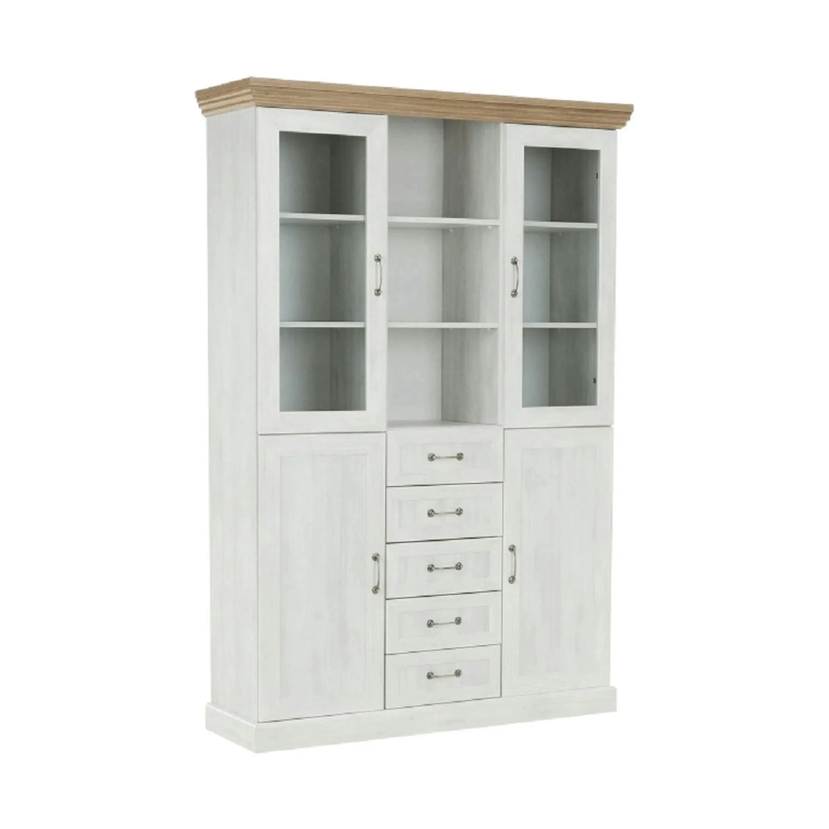 Vitrina ROYAL W2D, pin nordic/stejar salbatic, PAL melaminat/plinte decorative/metal/sticla, 127x39x187 cm