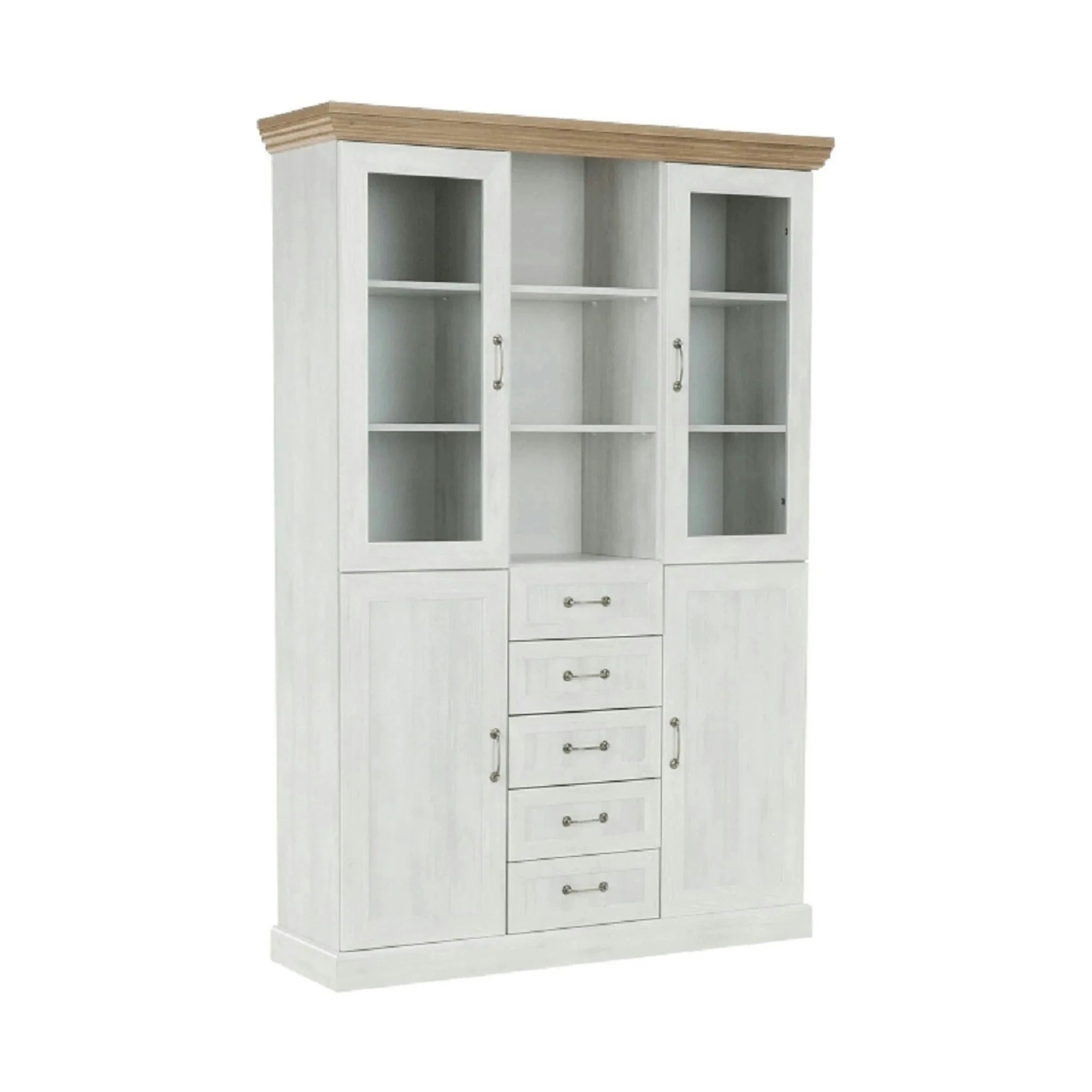 Vitrina ROYAL W2D, pin nordic/stejar salbatic, PAL melaminat/plinte decorative/metal/sticla, 127x39x187 cm