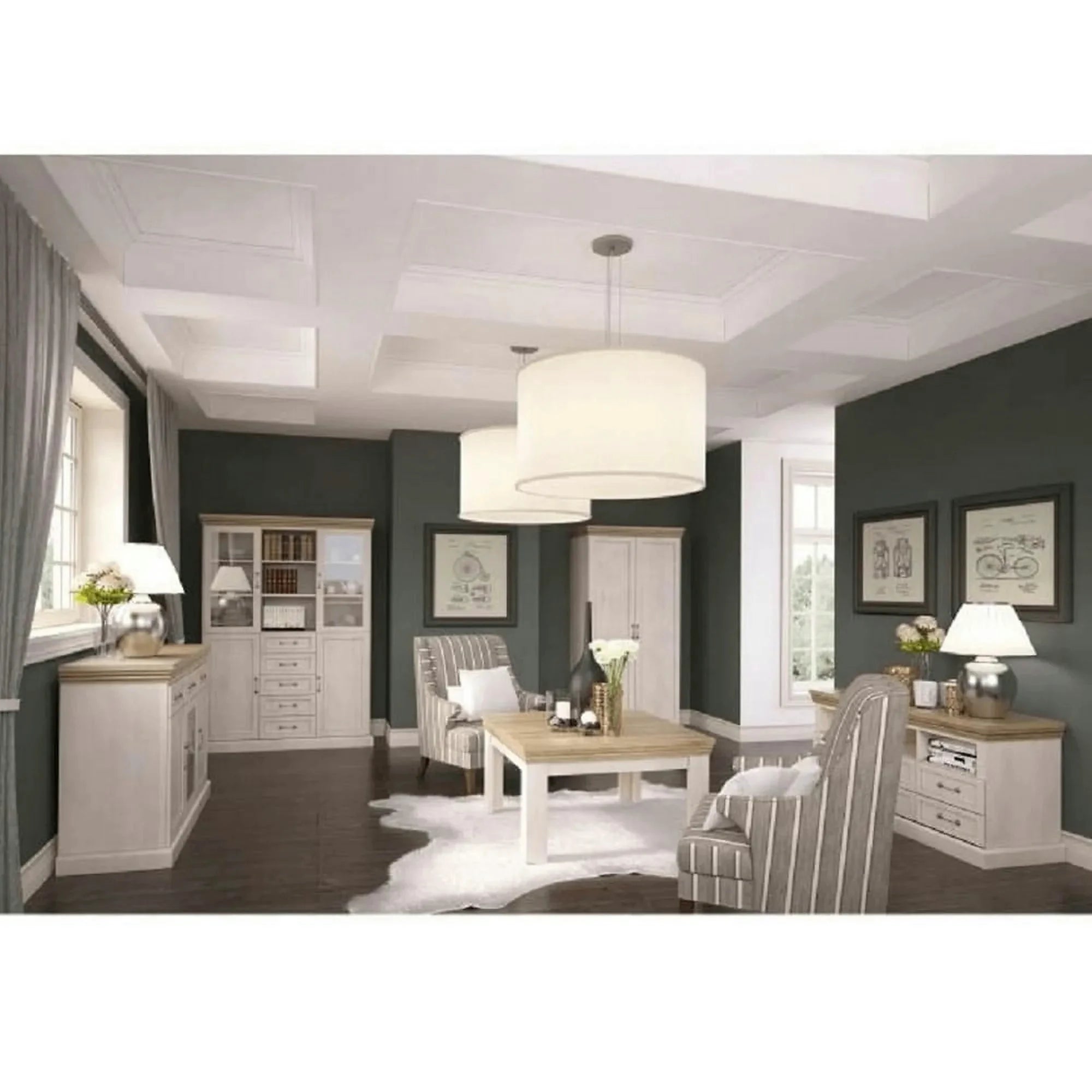 Vitrina ROYAL W2D, pin nordic/stejar salbatic, PAL melaminat/plinte decorative/metal/sticla, 127x39x187 cm