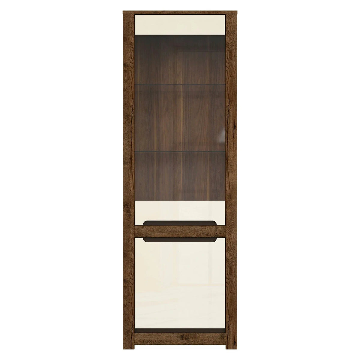 Vitrina RUSO, stejar april/alb perla, PAL/sticla securizata, 69x46x205 cm