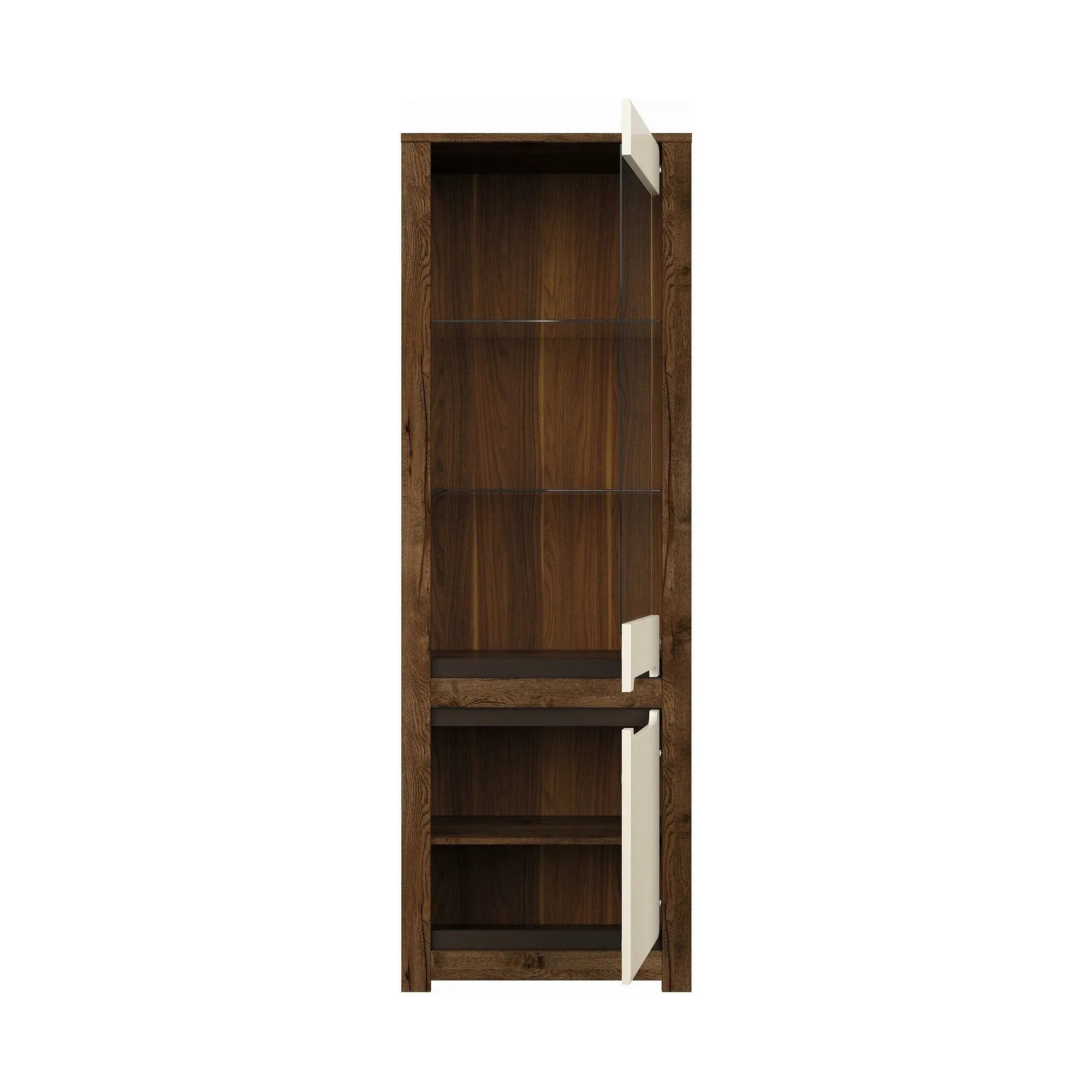 Vitrina RUSO, stejar april/alb perla, PAL/sticla securizata, 69x46x205 cm