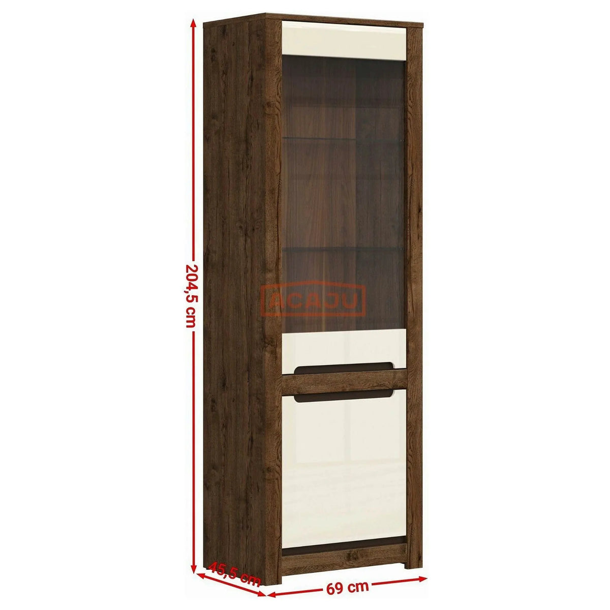 Vitrina RUSO, stejar april/alb perla, PAL/sticla securizata, 69x46x205 cm