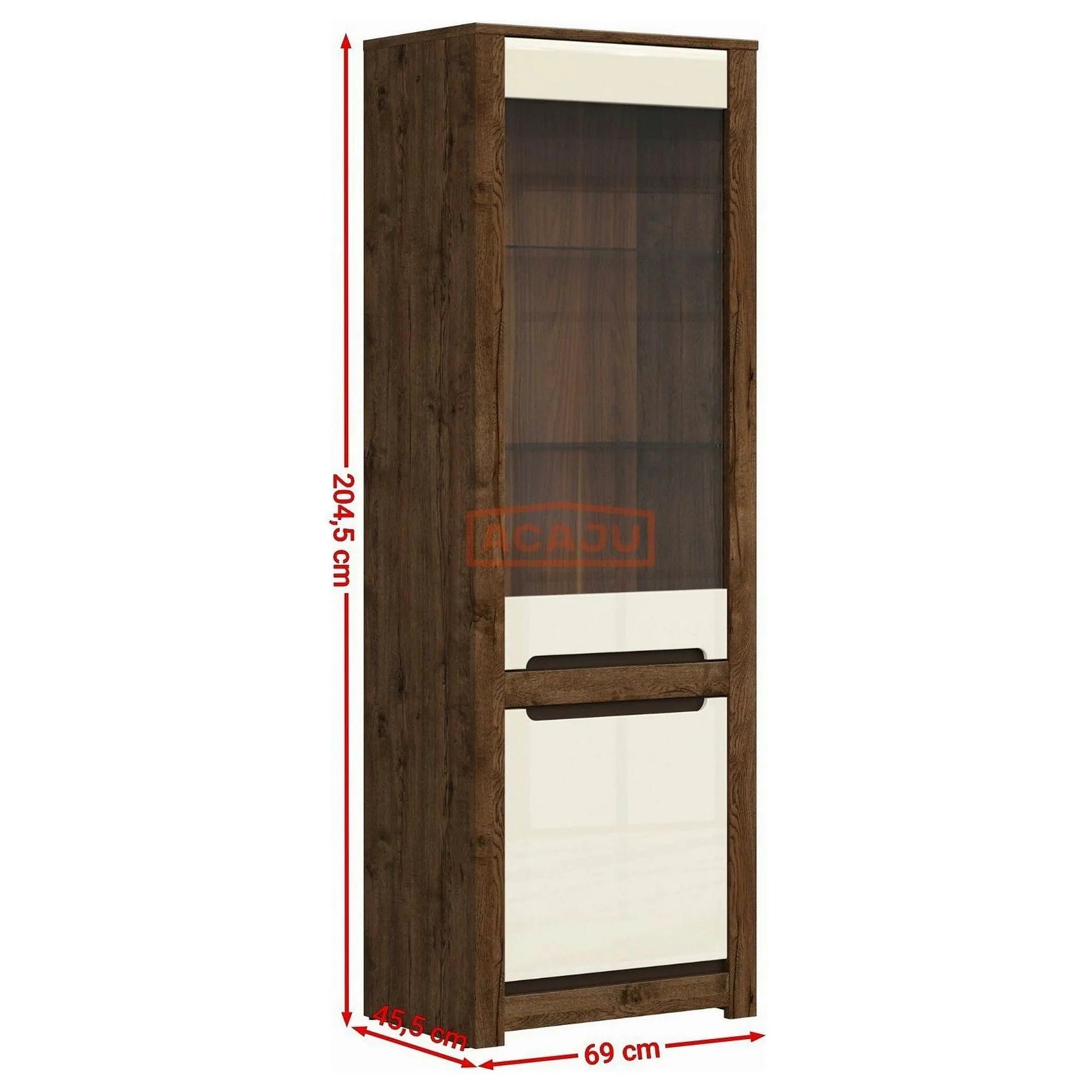 Vitrina RUSO, stejar april/alb perla, PAL/sticla securizata, 69x46x205 cm