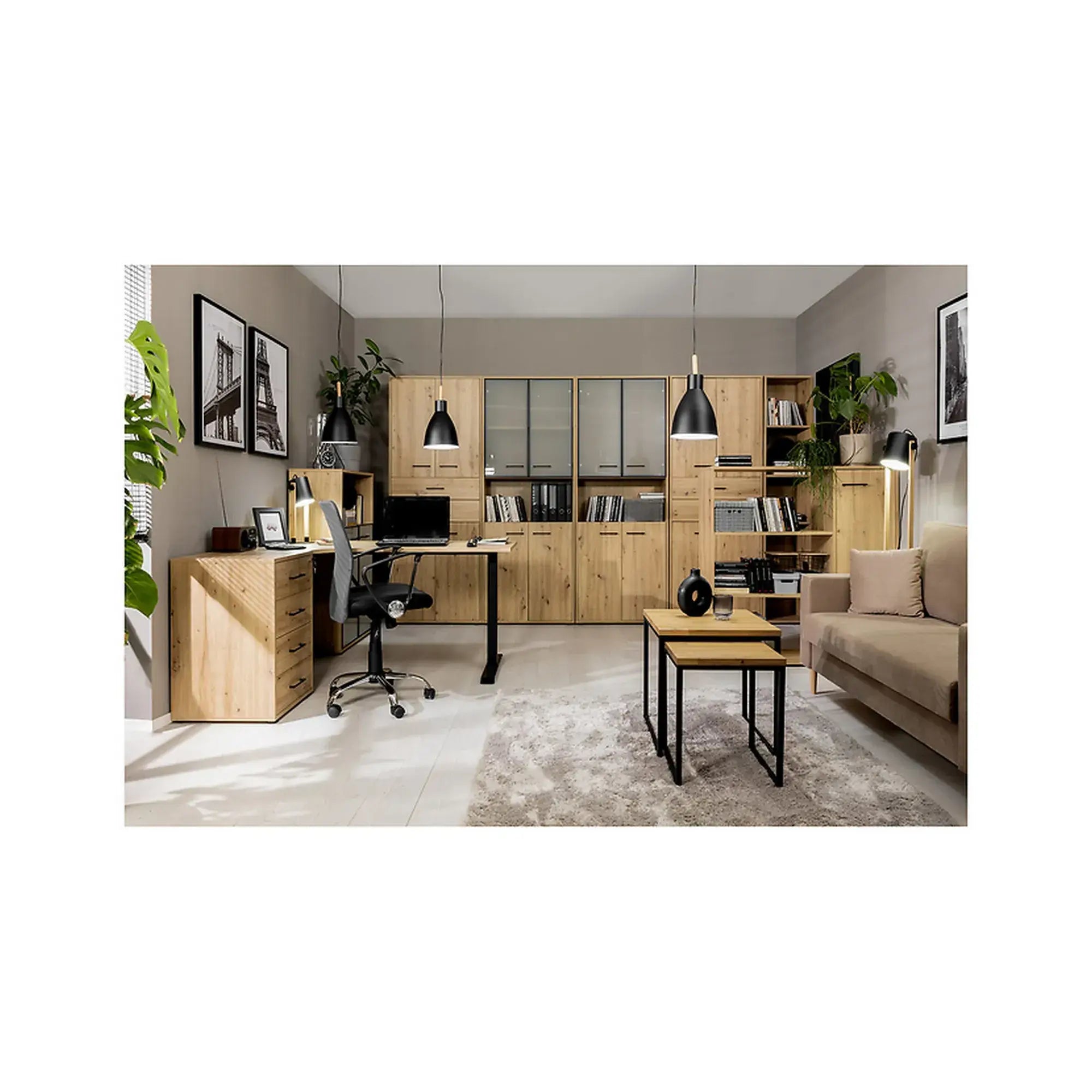 Vitrina SPACE OFFICE, stejar artisan/negru fumuriu, PAL laminat/sticla, 80x38x203 cm