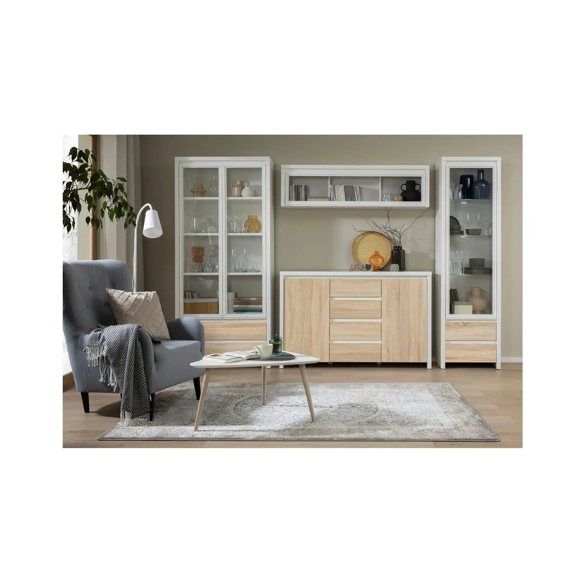 Vitrina suspendata KASPIAN, alb/stejar sonoma, PAL/sticla, 144x31x40 cm