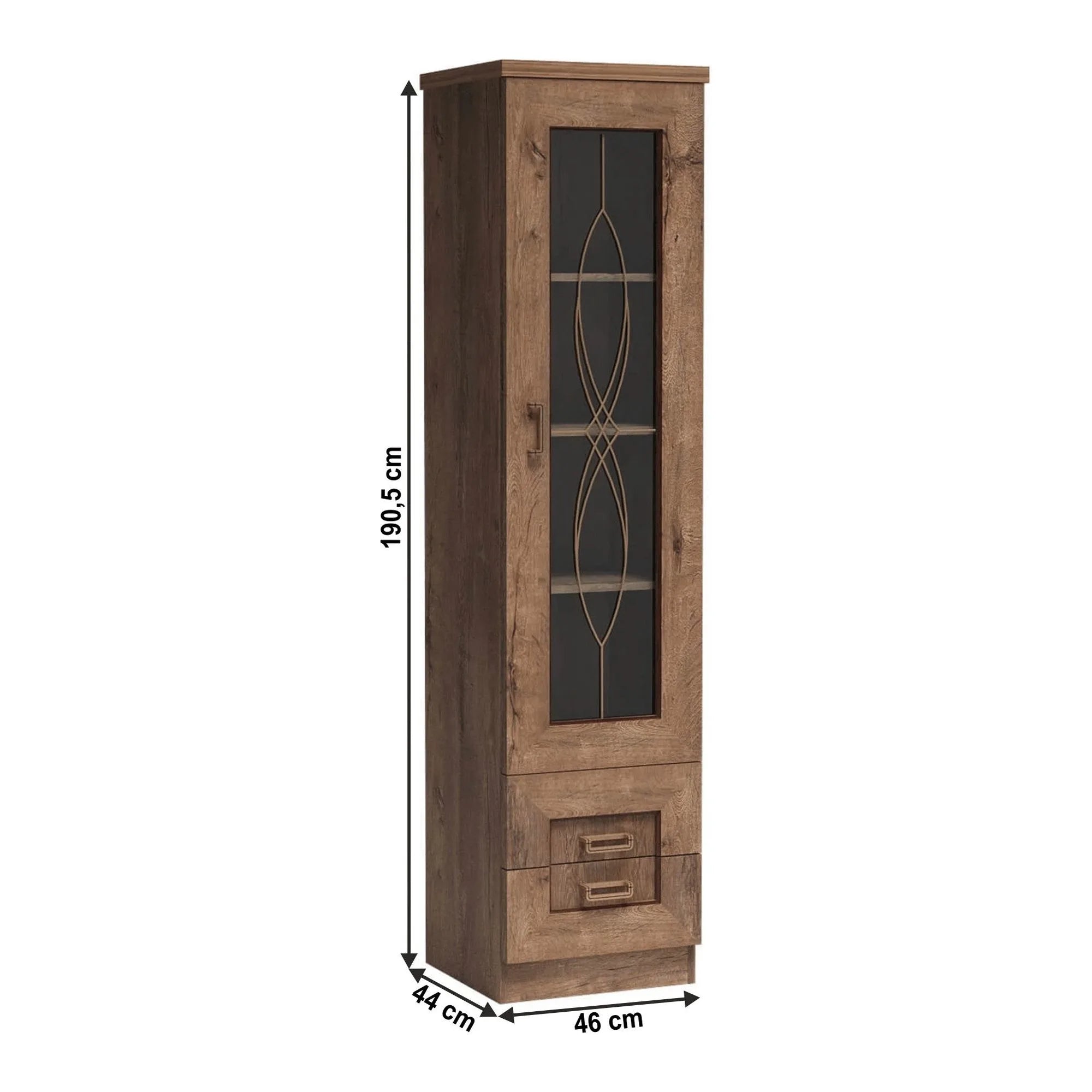 Vitrina TEDY tip T10, stejar lefkas, PAL melaminat/sticla, 46x44x191 cm