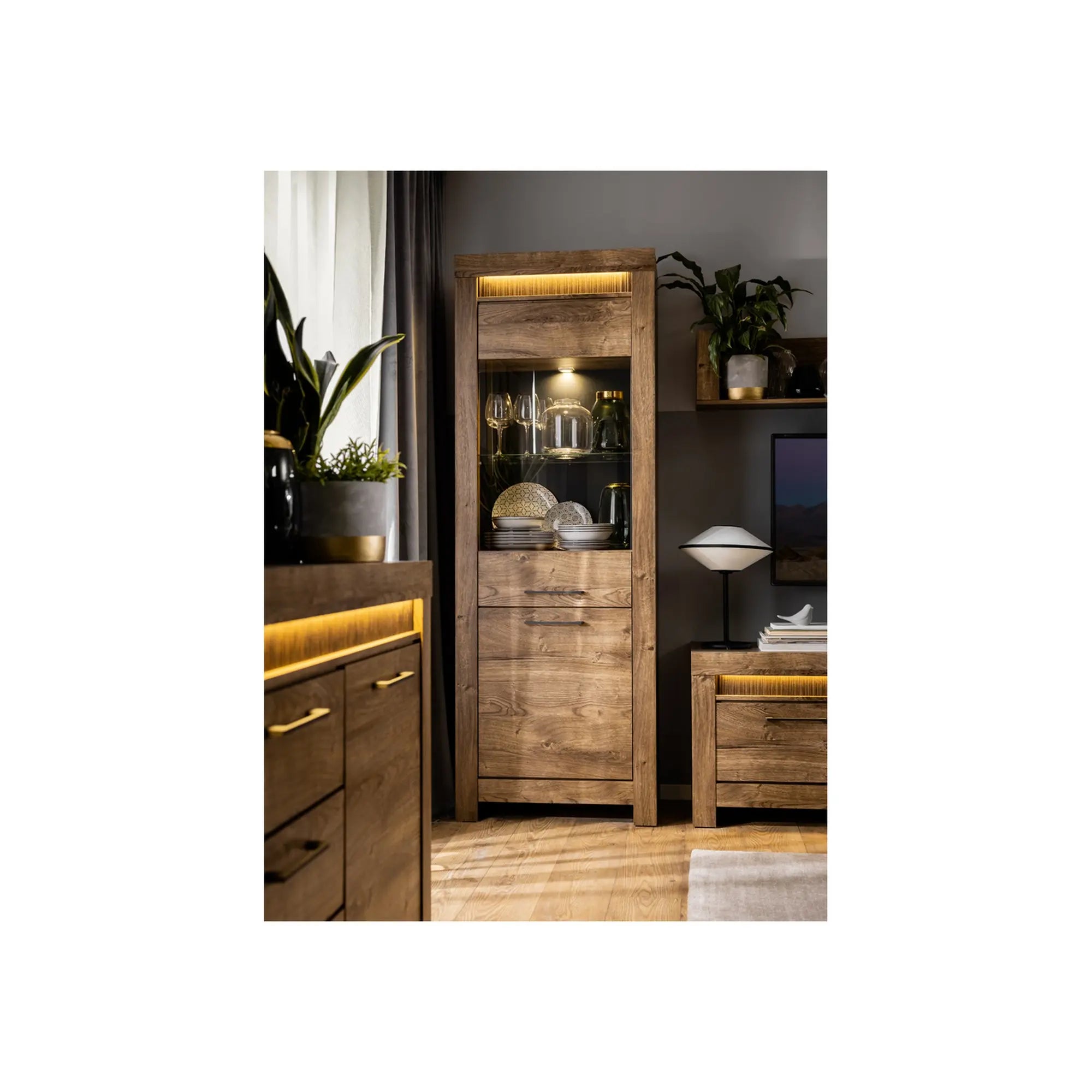 Vitrina TORIN, stejar, PAL/sticla securizata, 71x45x200 cm