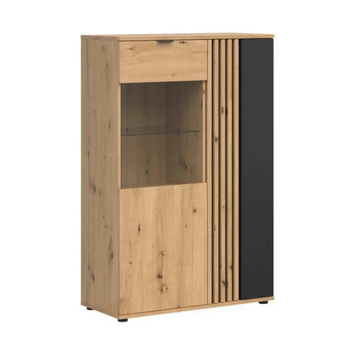 Vitrina VABRES, stejar artisan/negru mat, PAL laminat/sticla, 91x40x138 cm