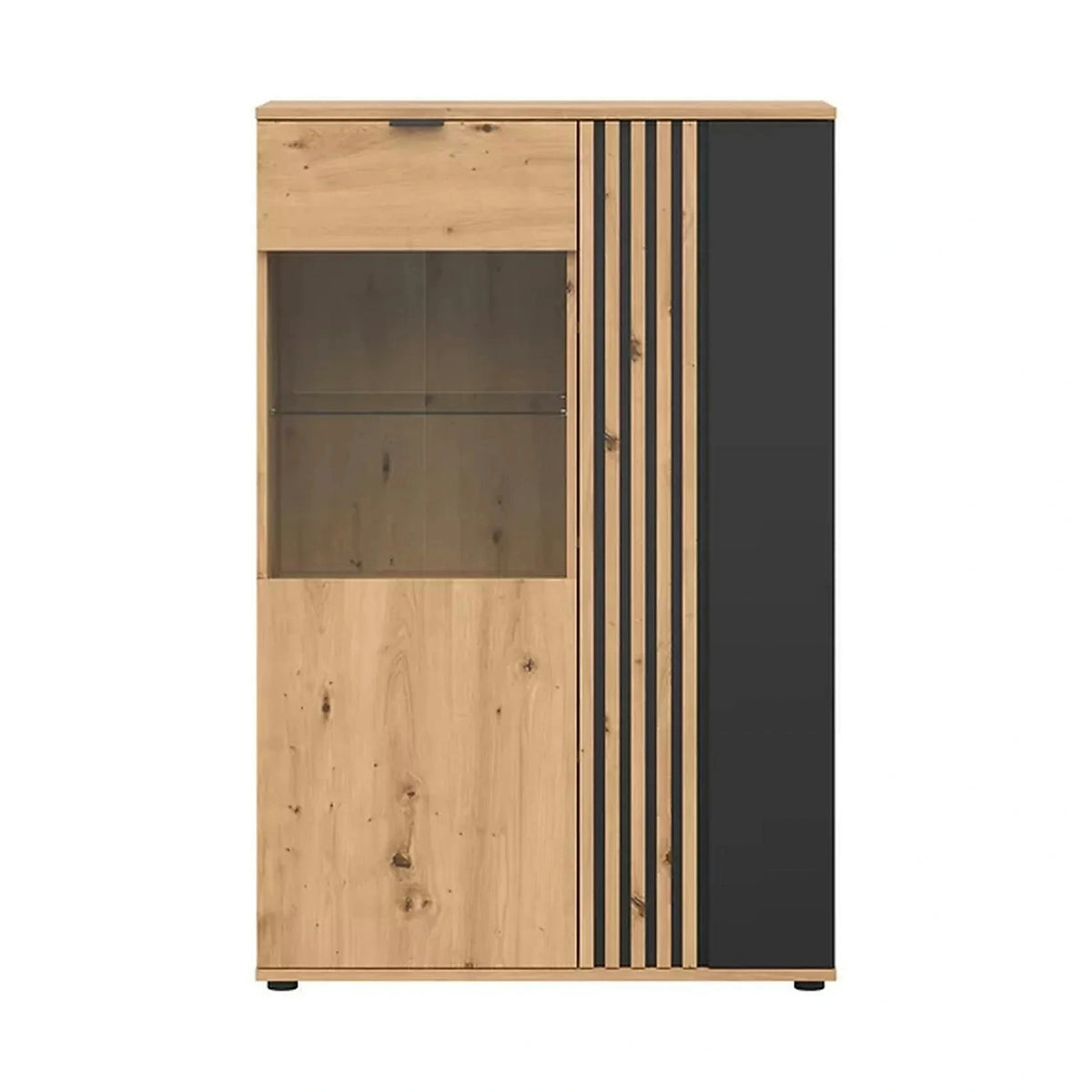 Vitrina VABRES, stejar artisan/negru mat, PAL laminat/sticla, 91x40x138 cm