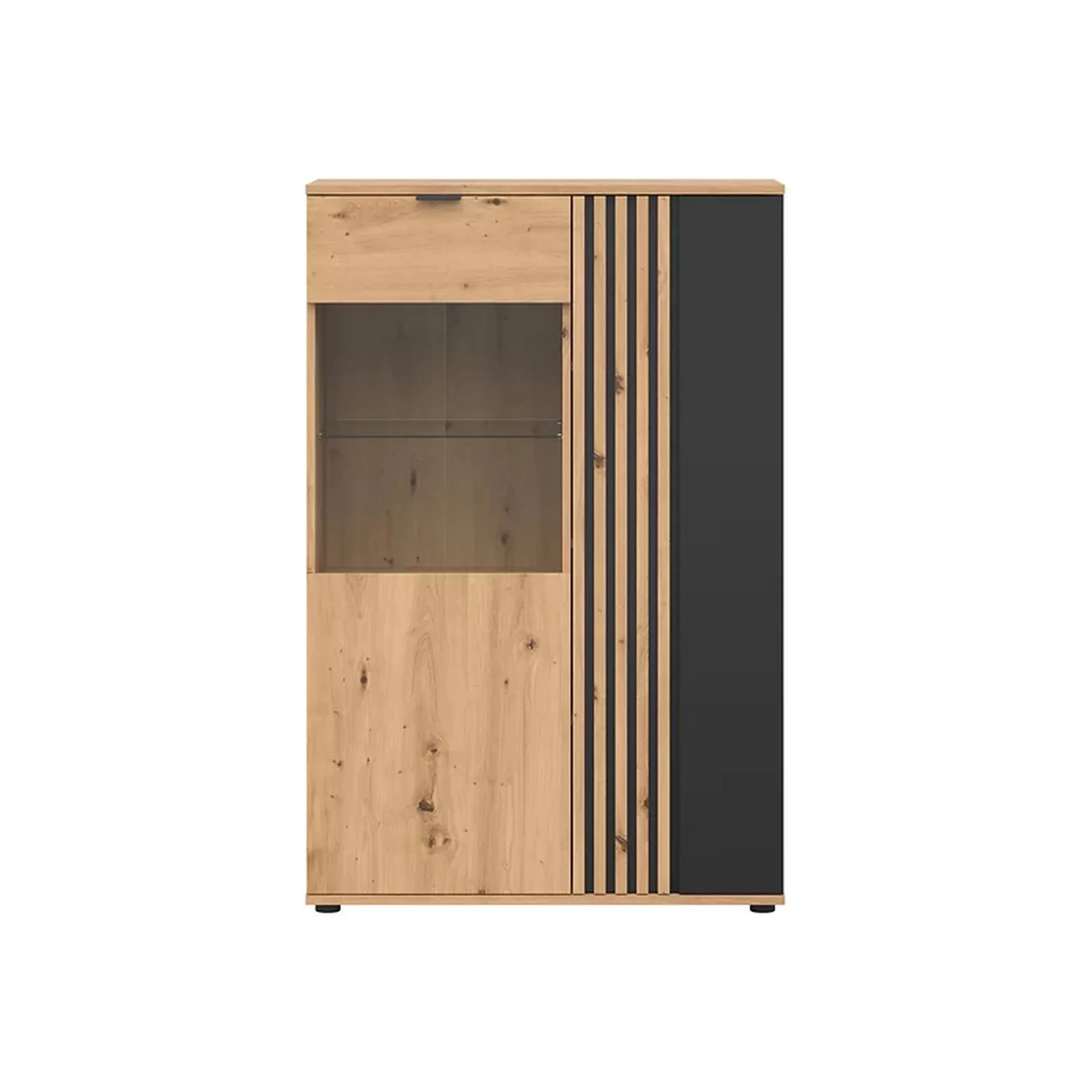 Vitrina VABRES, stejar artisan/negru mat, PAL laminat/sticla, 91x40x138 cm