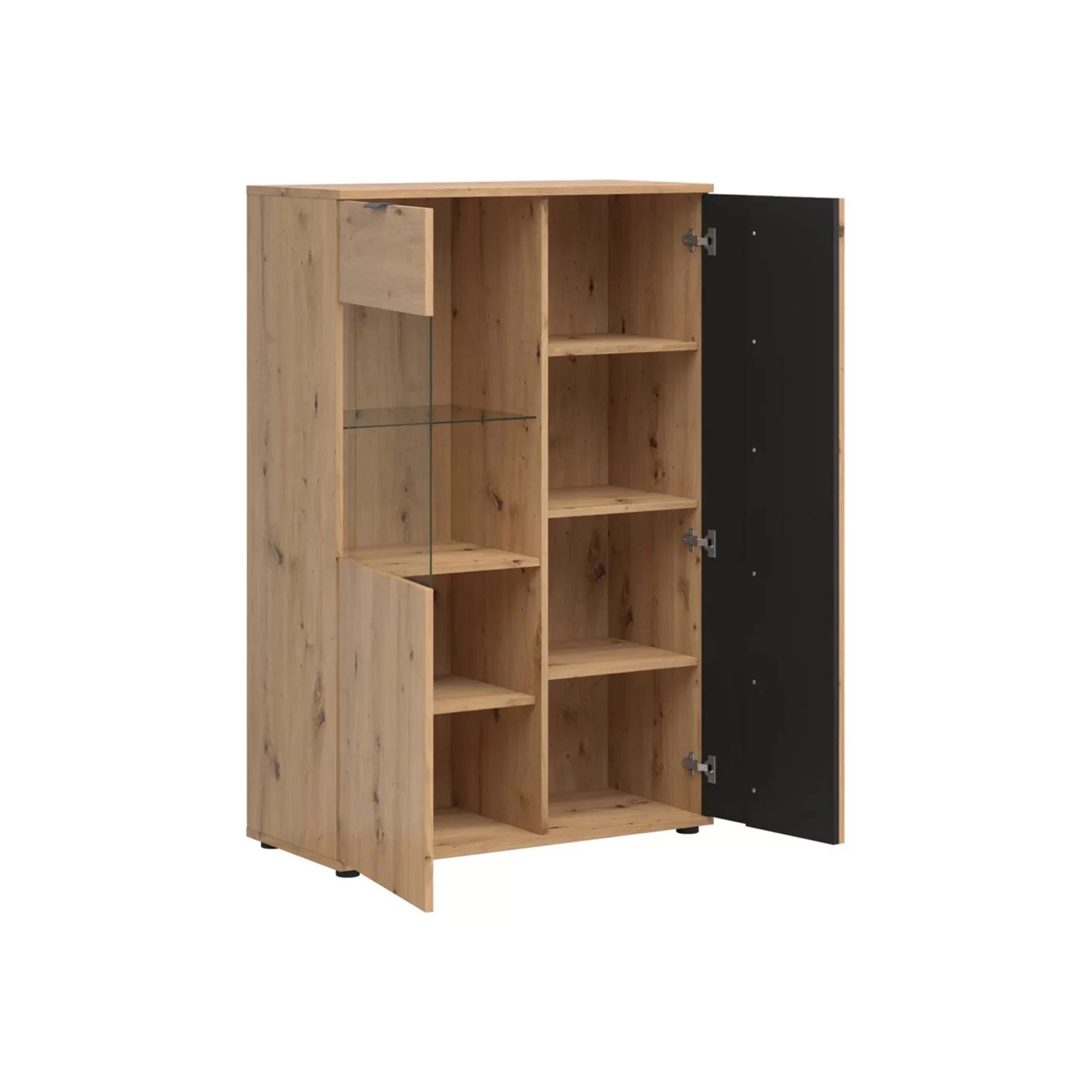 Vitrina VABRES, stejar artisan/negru mat, PAL laminat/sticla, 91x40x138 cm