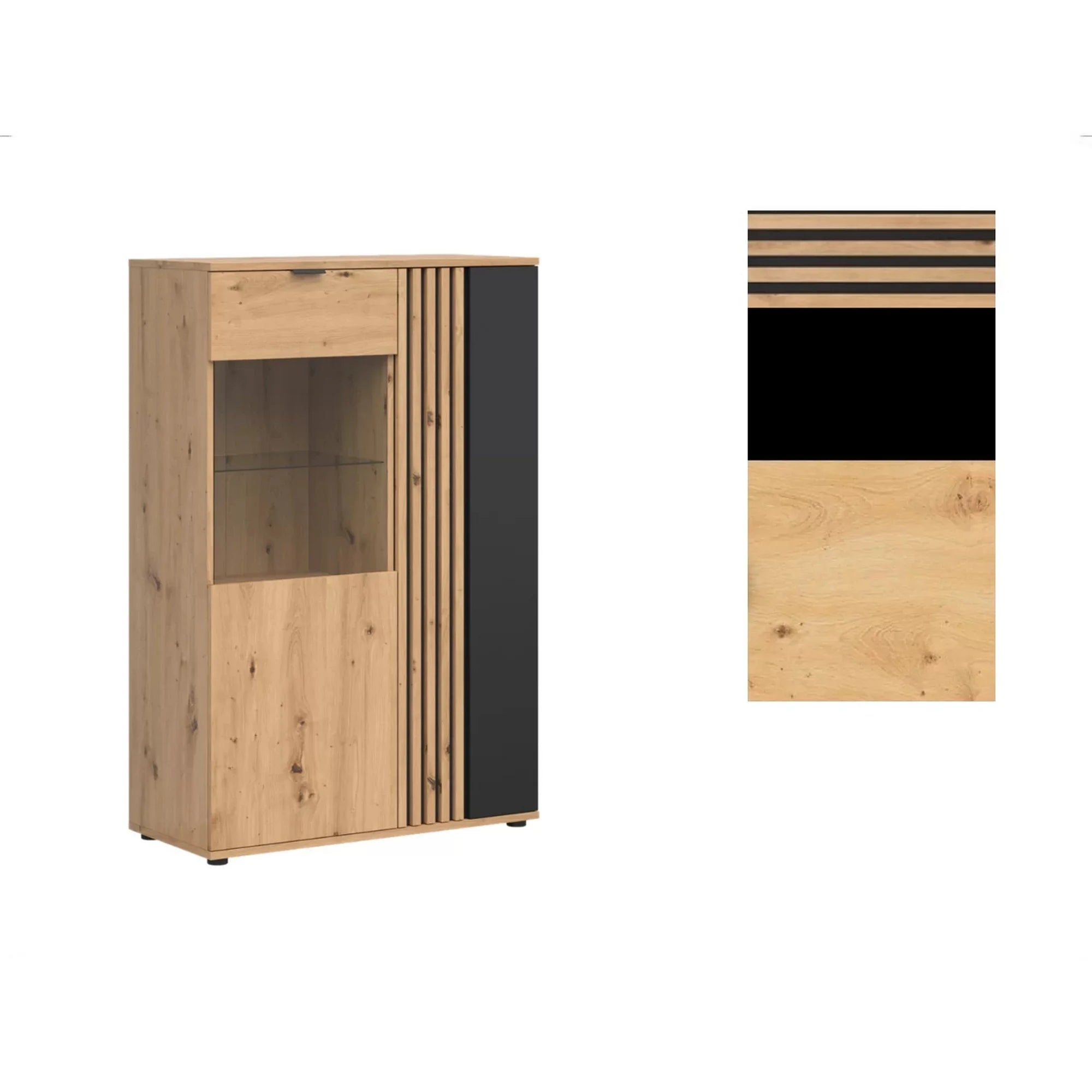 Vitrina VABRES, stejar artisan/negru mat, PAL laminat/sticla, 91x40x138 cm
