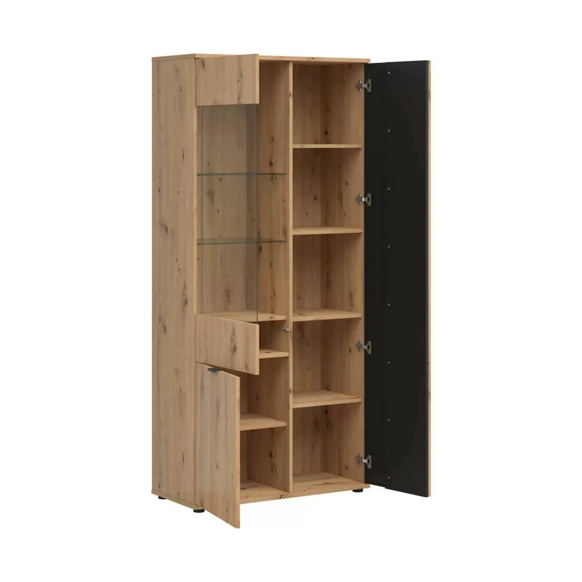 Vitrina VABRES, stejar artisan/negru mat, PAL laminat/sticla, 91x40x196 cm
