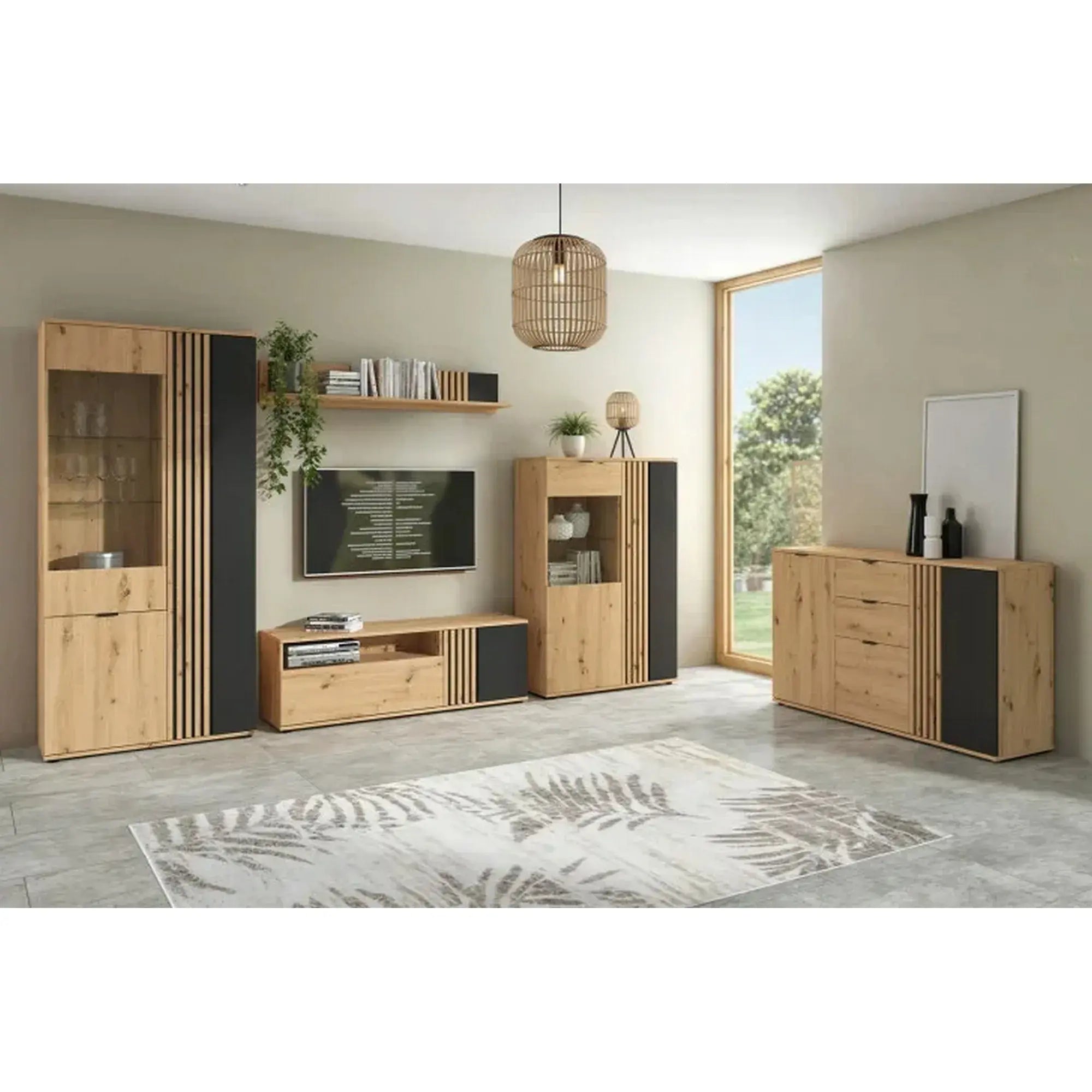 Vitrina VABRES, stejar artisan/negru mat, PAL laminat/sticla, 91x40x196 cm