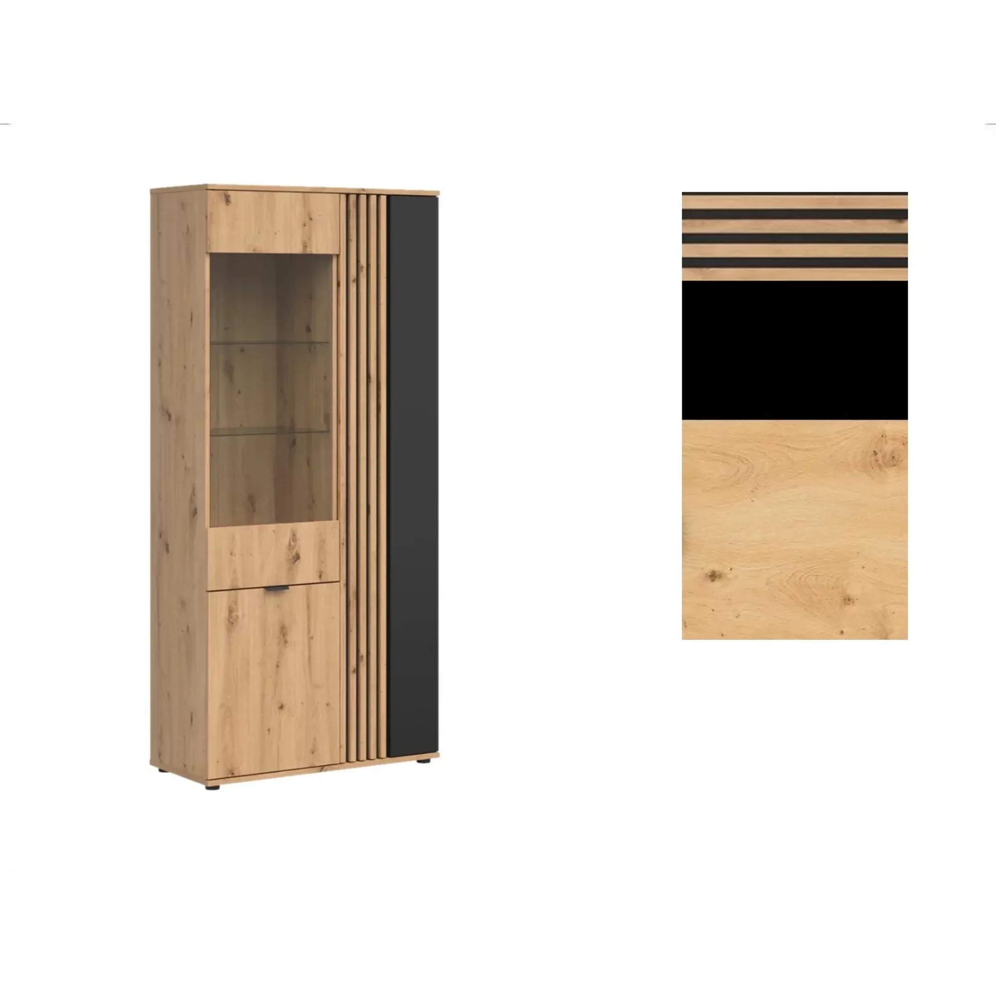 Vitrina VABRES, stejar artisan/negru mat, PAL laminat/sticla, 91x40x196 cm