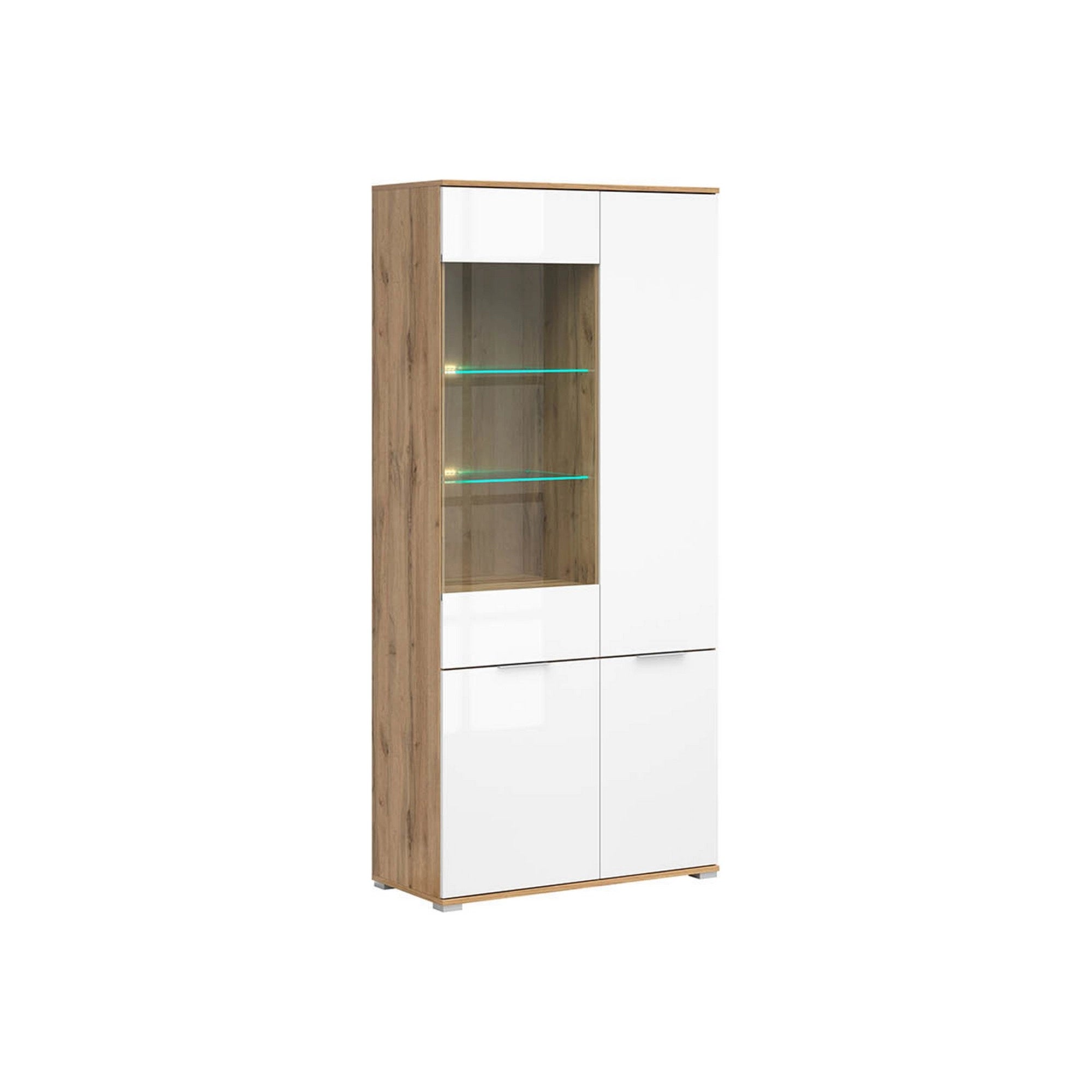 Vitrina ZELE, stejar wotan/alb lucios, PAL/sticla, 90x41x195 cm