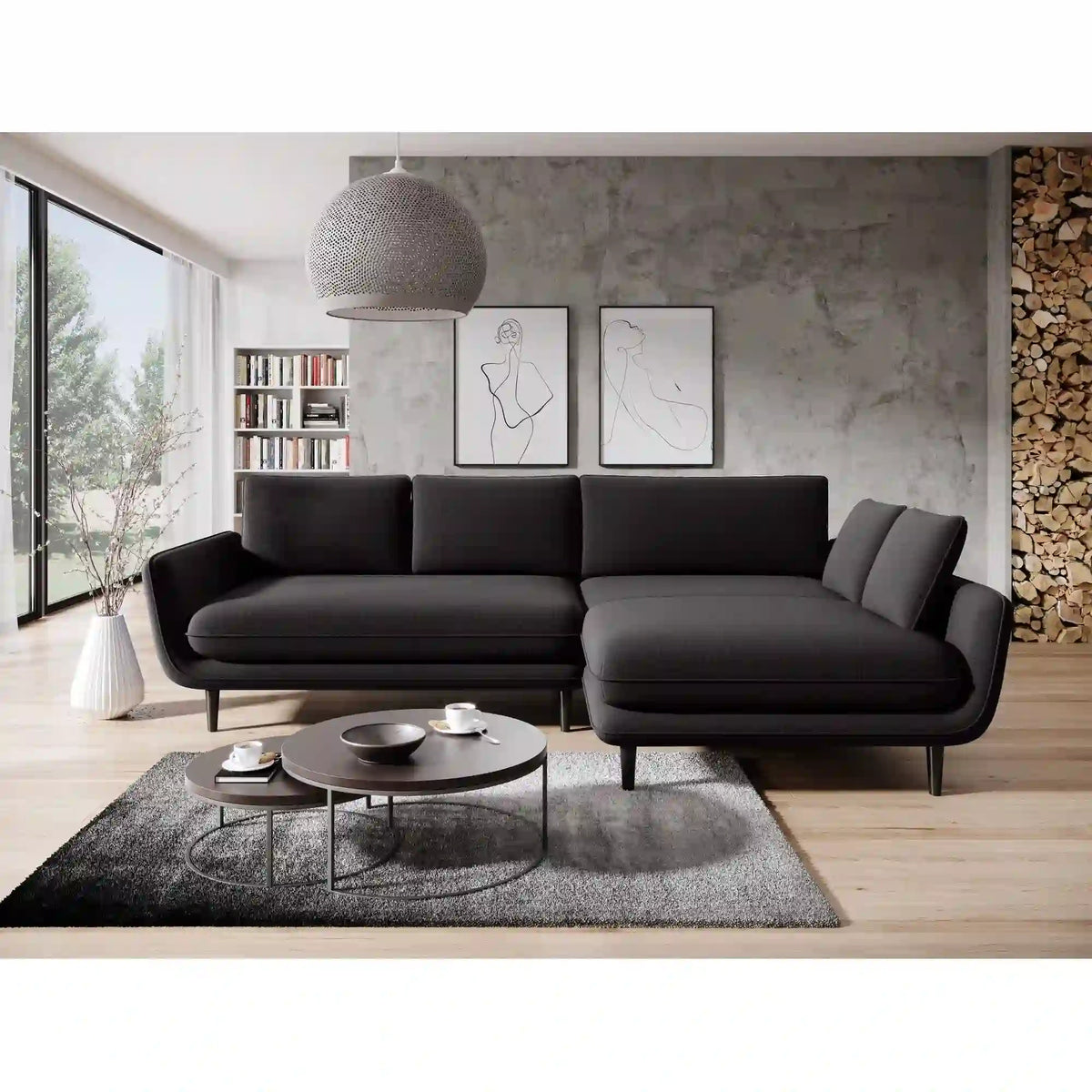 Coltar extensibil SOLANO, sezlong dreapta, stofa catifelata gri inchis - Salvador 15, Gama Premium, cu lada depozitare, 260x167x83 cm