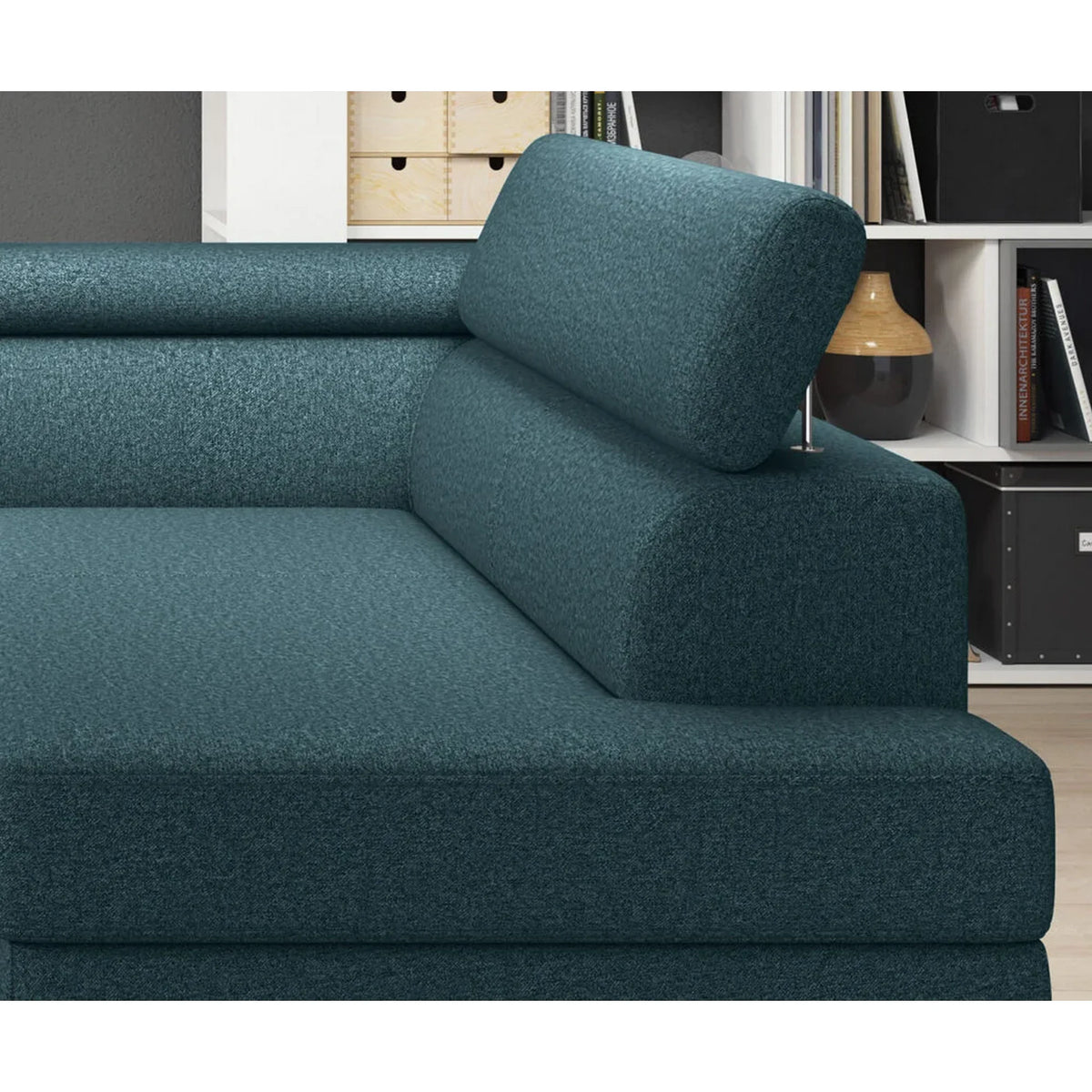 Coltar extensibil LIVIO, personalizabil materiale gama Premium, cu lada depozitare si tetiere reglabile, 249x184x90 cm