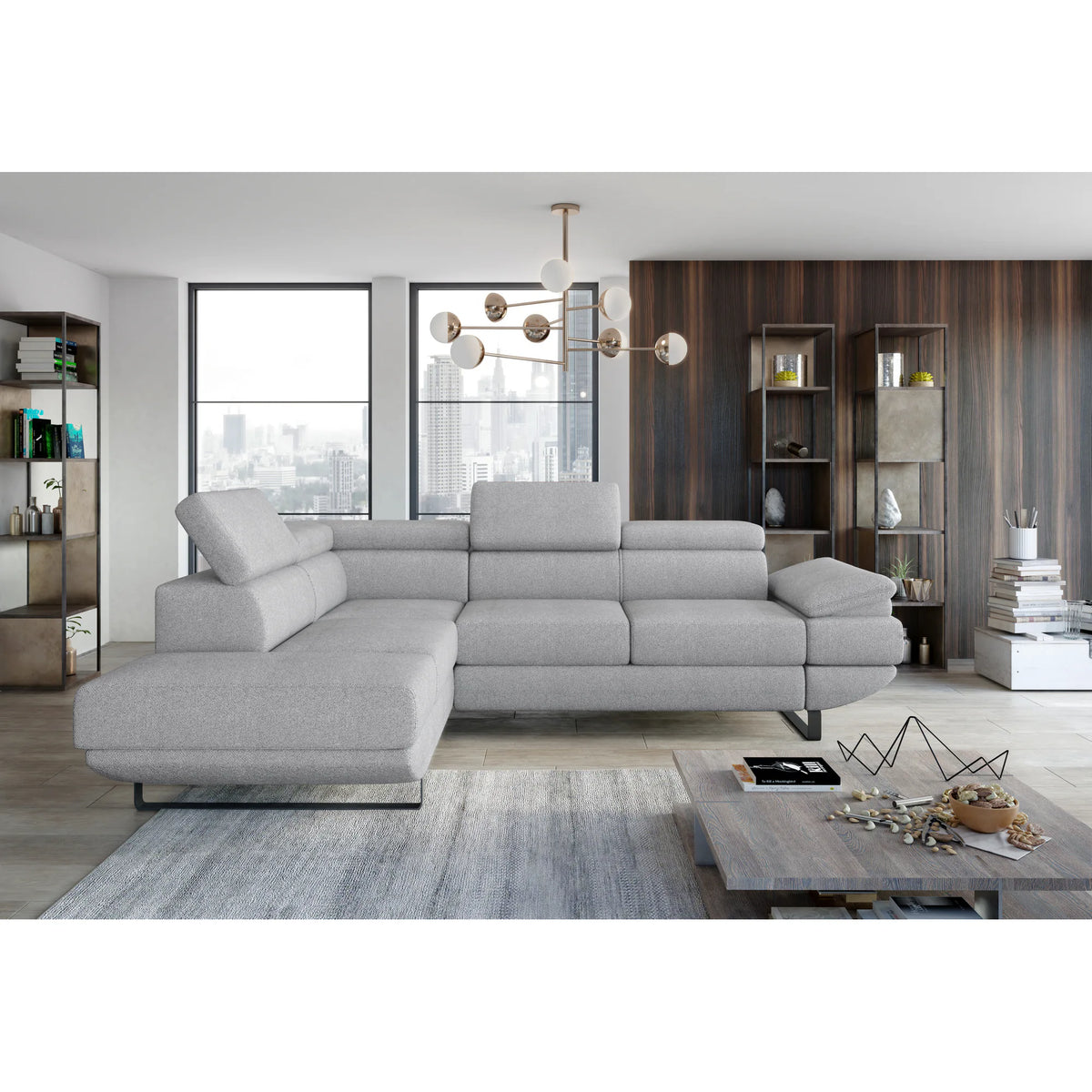 Coltar extensibil GIO, sezlong stanga, stofa clasica galben mustar - Austin 11, cu lada depozitare si tetiere reglabile, 262x200x88 cm