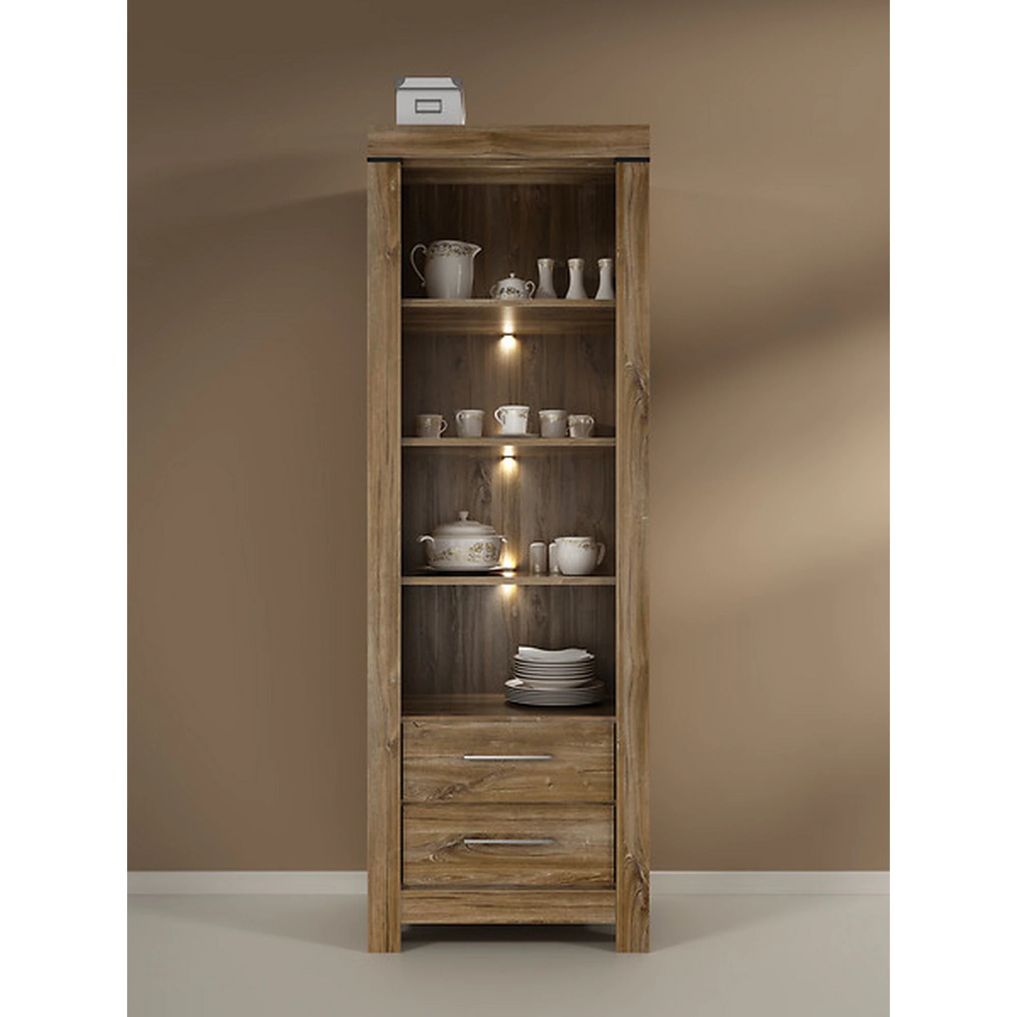 Vitrina GENT, stejar stirling, PAL laminat, cu iluminare LED, 68x42x201 cm