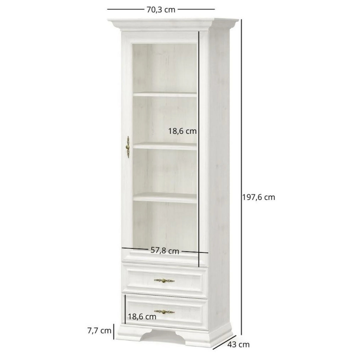 Vitrina living clasica IRYS, pin alb anderson, PAL laminat, 70x43x198 cm