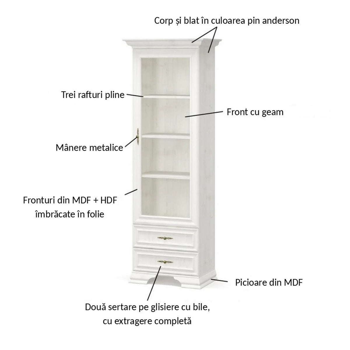 Vitrina living clasica IRYS, pin alb anderson, PAL laminat, 70x43x198 cm