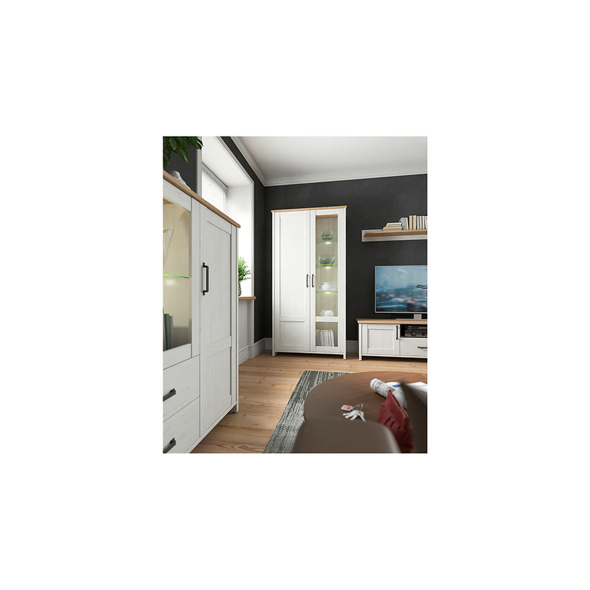 Vitrina LOKSA, pin alb/stejar grandson, PAL laminat, cu iluminare LED, 102x43x201 cm