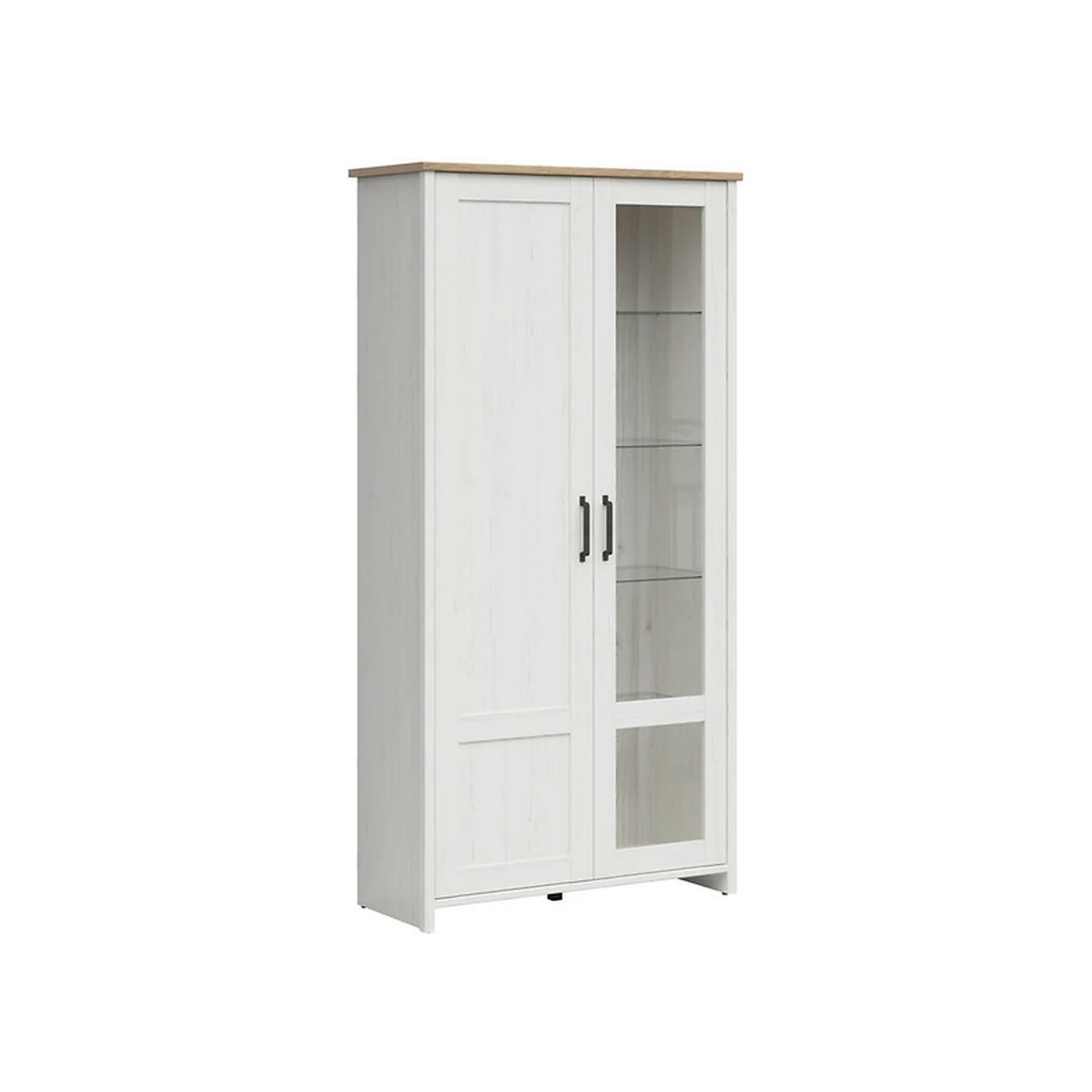 Vitrina LOKSA, pin alb/stejar grandson, PAL laminat, cu iluminare LED, 102x43x201 cm